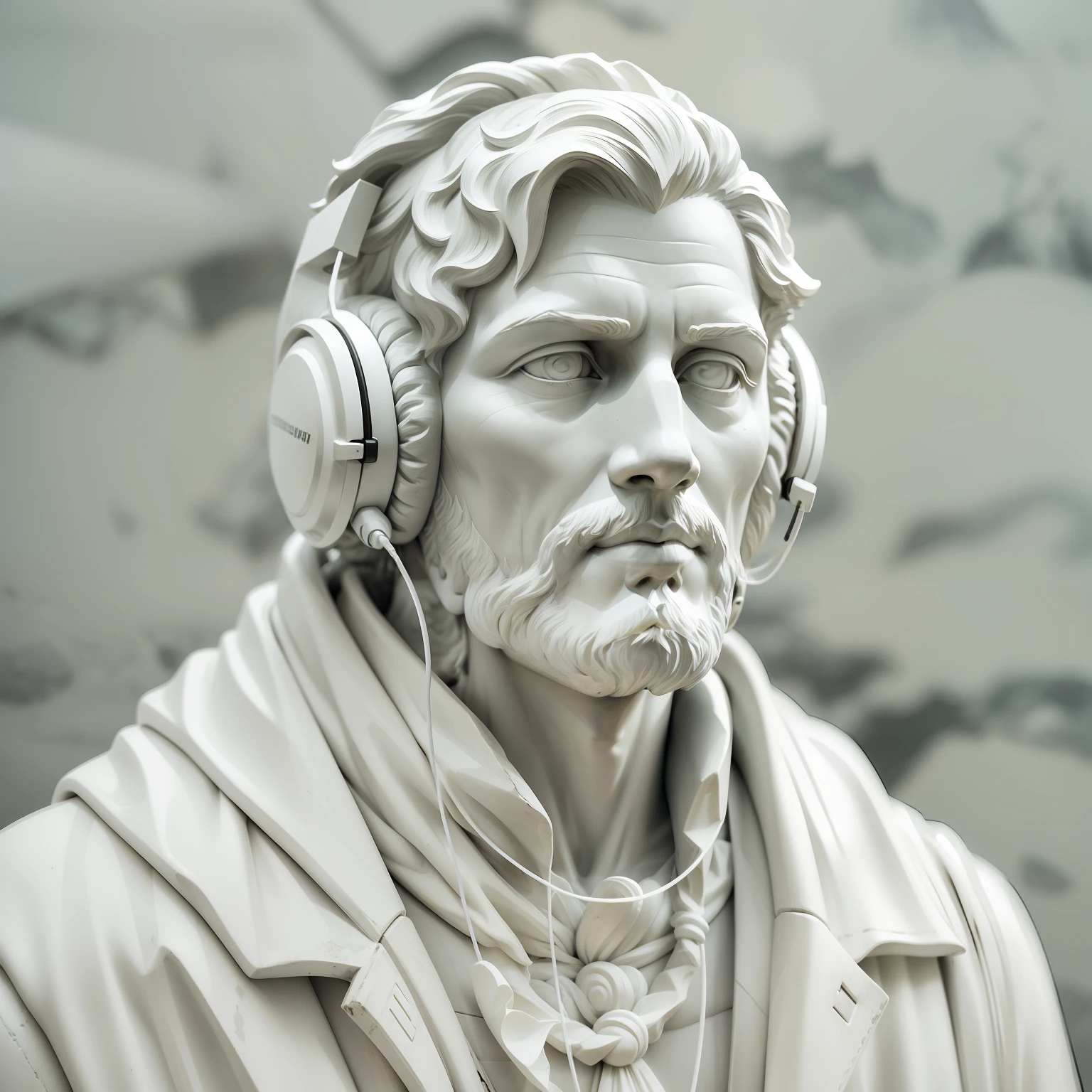 A white marble statue of a man with headset headset in his ears, tudo esculpido em pedra, philosopher, estoicismo, fotorealismo, fotografia profissional, fundo escuro
