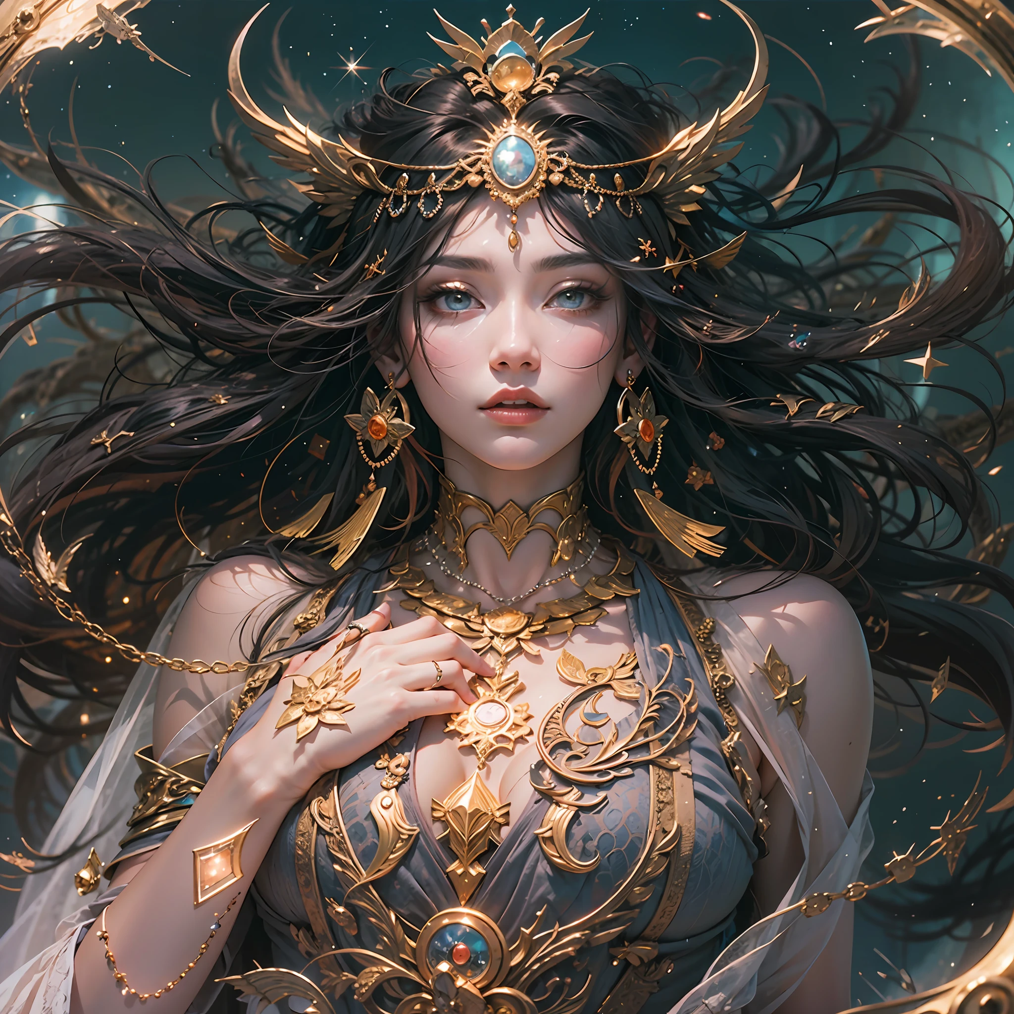 （best qualtiy））， （（tmasterpiece））， （A detailed：1.4），Enhanced dynamic perspective，Light and dark are intense，Suspended in the universe，starrysky，Taiji galaxy，streamer，（（Pisces motif：1.4）），（Beautiful female），（Pisces Golden Saint Seiya），（（Gorgeous Greek mythological costumes）），（Nice headband），Magnificent，Mighty，high qulity，8K分辨率，tmasterpiece，Works of masters，Cinematic lighting，super-fine，，super-fine，Works of masters，high qulity，8K分辨率，depth of fields，电影灯光，Epic shooting，high qulity，super-fine，Detailed pubic hair，Accurate，Cinematic lighting，，offcial art， 8k 壁纸，ultra - detailed，Beauty and aesthetics，high high quality，big breasts beautiful，tmasterpiece，Best quality at best，
