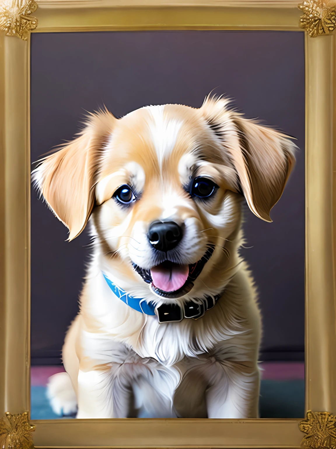 Create a cheerful and contented puppy with an infectious and magical smile that is cute and sweet