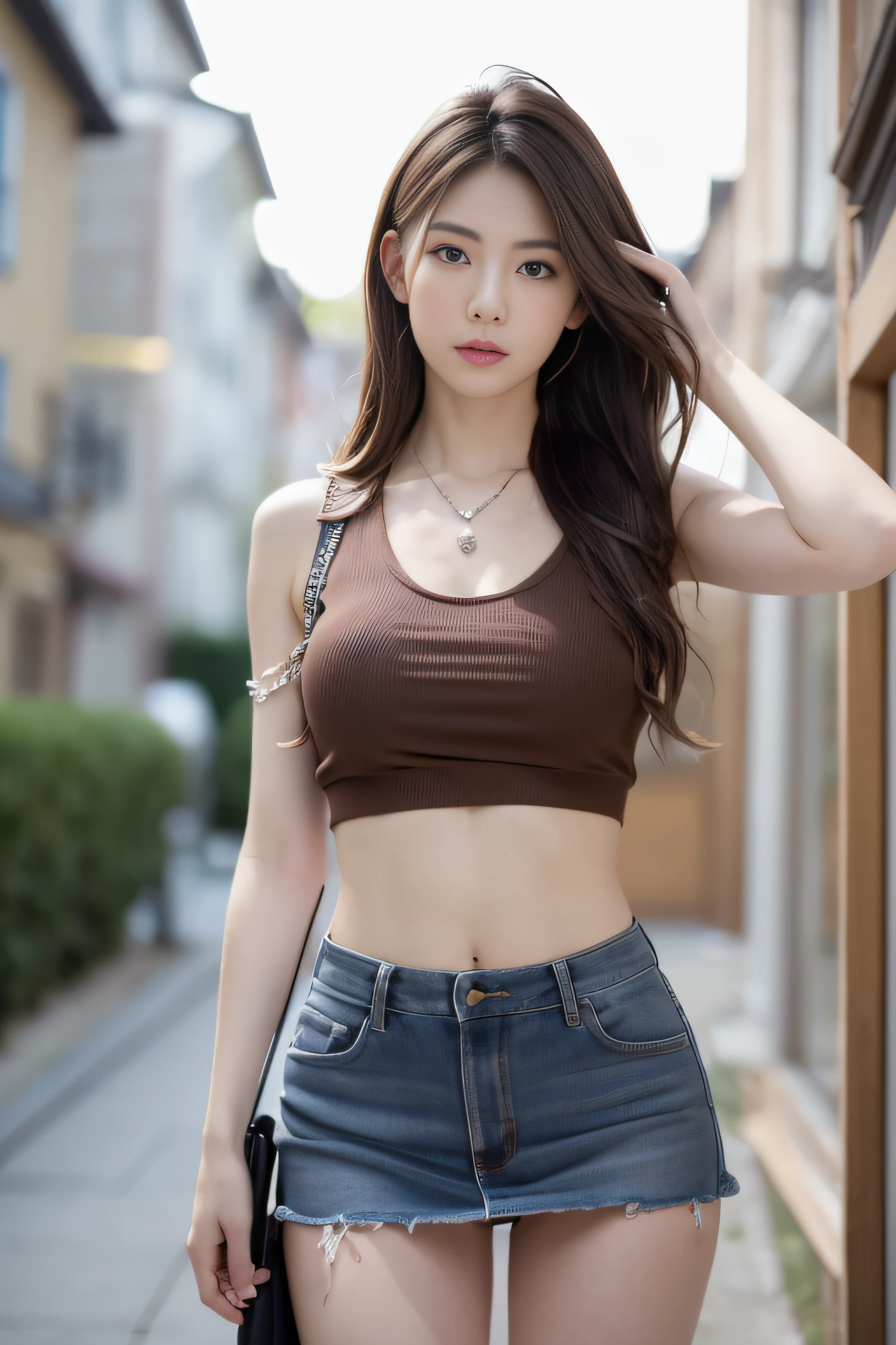 ((Realistic lighting、top-quality、8K、​masterpiece:1.3))、Clear Focus:1.2、1girl in、perfectbodybeauty:1.4、Slim abs:1.1、full bodyesbian、((Dark brown hair、big:1.3))、(Acceleration:1.4)、(outside of house、natta:1.1)、street、Slender Face、Narrow-eyes、二重まぶた、Exposed cleavage、fashion model pose、hair messy、Floating hair、Tank tops、a miniskirt、a necklace、