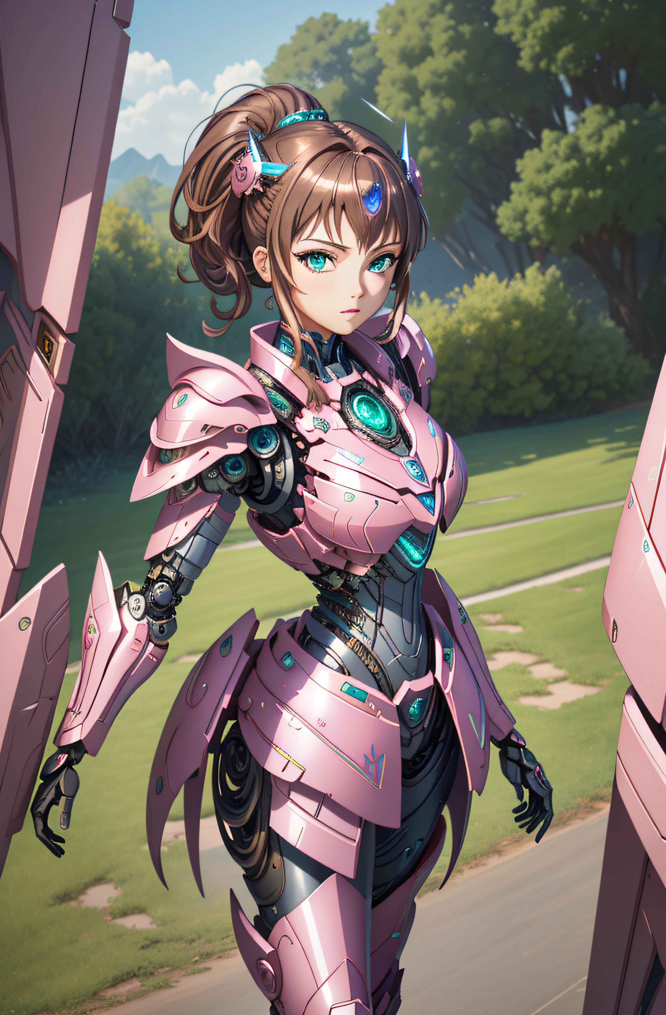 (Super elaborate CG Unity 8K wallpaper, masterpiece, highest quality): (Dynamic Angle, Solo, 1 beautiful Girl, Pink cyborg armor in the style of police uniform, sparkly green eyes, brown hair)