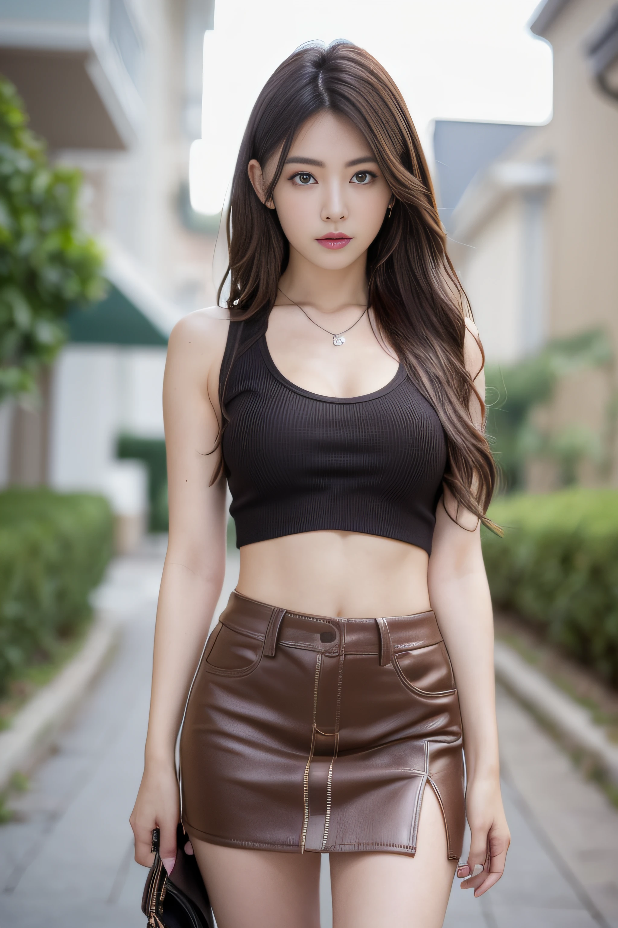 ((Realistic lighting、top-quality、8K、masterpiece:1.3))、Clear Focus:1.2、1girl in、perfectbodybeauty:1.4、Slim abs:1.1、full bodyesbian、((Dark brown hair、big:1.3))、(Acceleration:1.4)、(outside of house、natta:1.1)、street、Slender Face、Narrow-eyes、二重まぶた、Exposed cleavage、fashion model pose、hair messy、Floating hair、Tank tops、a miniskirt、a necklace、