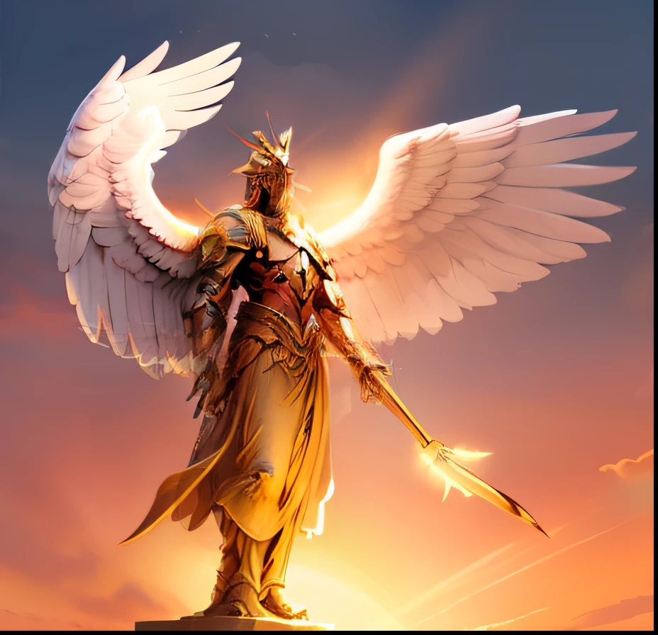 Falcoa e asas, Majestic full-body angel at sunset, biblical accurate angel, Do Pathfinder, humano alado, anjo biblicamente preciso, Arcanjo Miguel, arcanjo, macho com halo, NPC com um santo\halo do, arte conceitual de deus, NPC com halo de santo, Archfey, angel in plastic armor