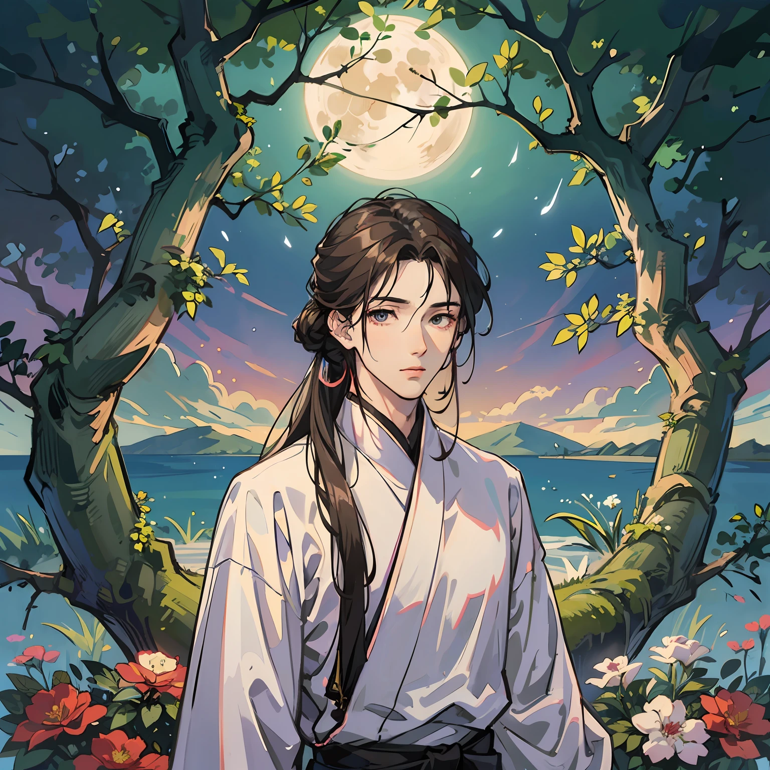 tmasterpiece,Need,exteriors,the night,moon full,lakeside,tree branch,1male people,Mature man,China-style,Chinese Ancient Times,brunette color hair,blackigeyes,Long split ends,with long bangs,handsome,Handsome,virile,gentleness,large tall,chill out,White mixed,Exquisite facial display ,Exquisite hand details,holding a longsword