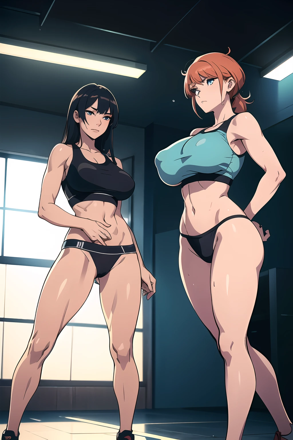 A detailed full body RAW photo of two women, (masterpiece:1.0), (best quality:1.4), (ultra highres:1.2), (photorealistic:1.4), 8k resolution, Canon EOS R5, 50mm, absurdres, ultra detailed, sharp focus, cinematic lighting, detailed beautiful face. Two young women, full body poses, exercising intensively in a gym, wearing sport bras and thong made of see-through fabric, with sweat glistening on their bodies. Both have detailed short and messy multicolored hair with smirks face, and one of them has visible pubic hair. They have toned athletic bodies whit slim waist and huge-sized breasts. (puffy nipple)