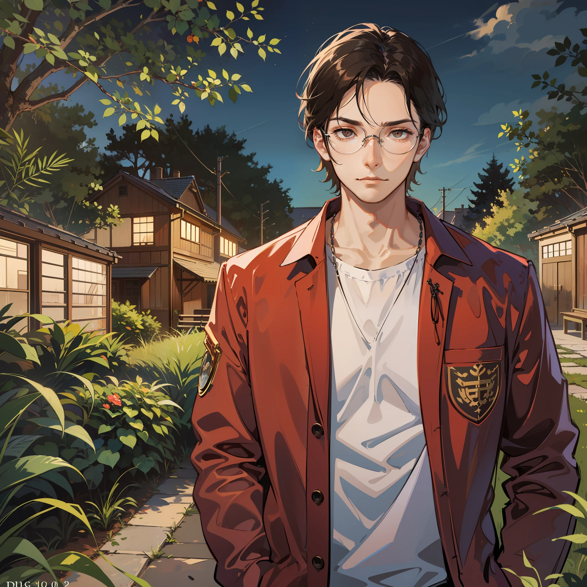 Tanned skin - mature face of 28 years - tired expression - 1man - solo - alone - dark brown eyes - disheveled hair - formal clothes of the color dark blue - blazer - suit - dark circles under the eyes - glasses - dark environment - park - benches - poles - trees.