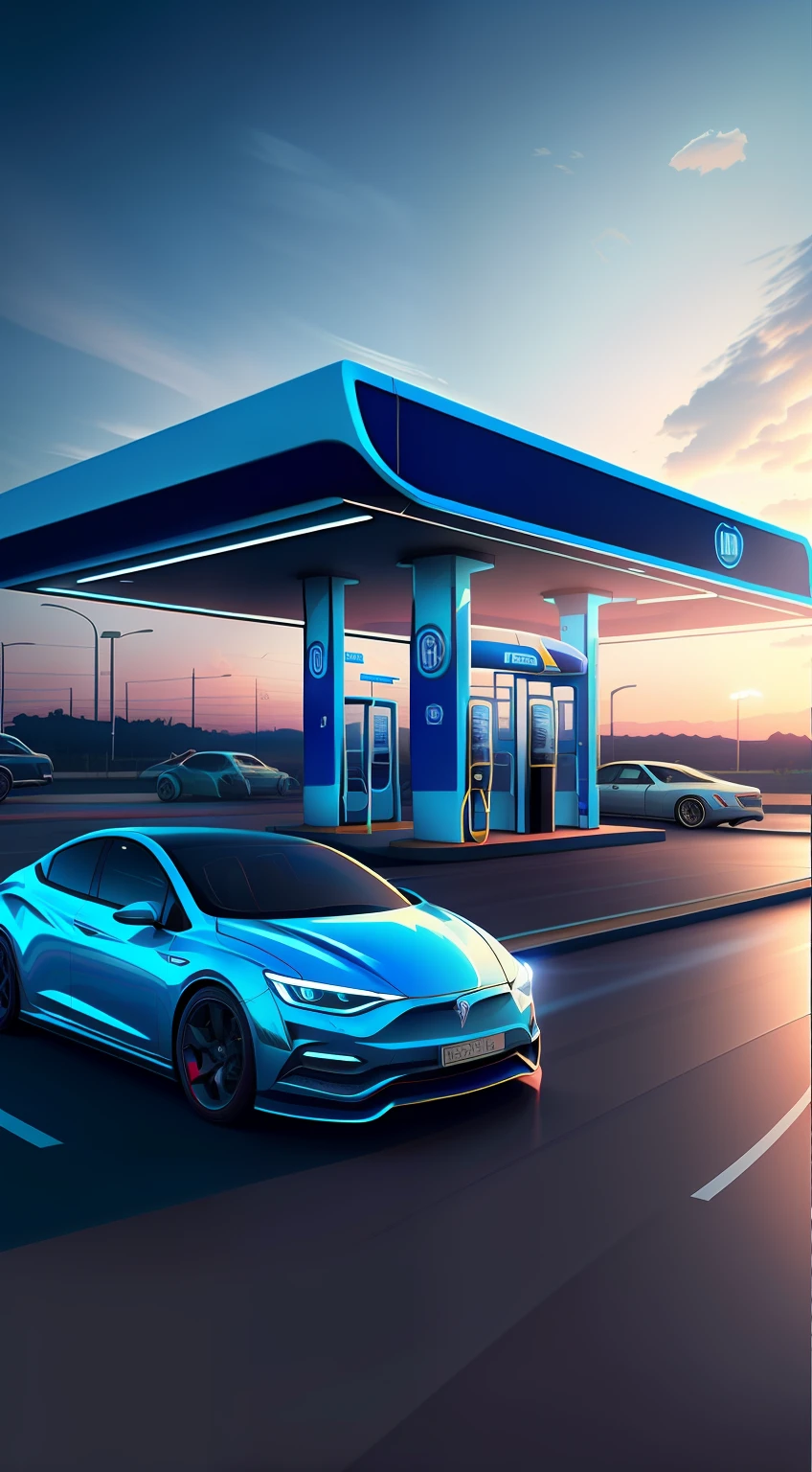 View of a blue car parked in front of a gas station, gasolina station, hydrogen fuel cell vehicle, "Photograph of gasolina station, daniel maidman octane rendering, gas station and ruined cars, gasolina station in space, aesthetics of gasolina, gas, stylized digital illustration, octano photoreal 3 d render, azul realista 3 d render, renderizado no lumion pro