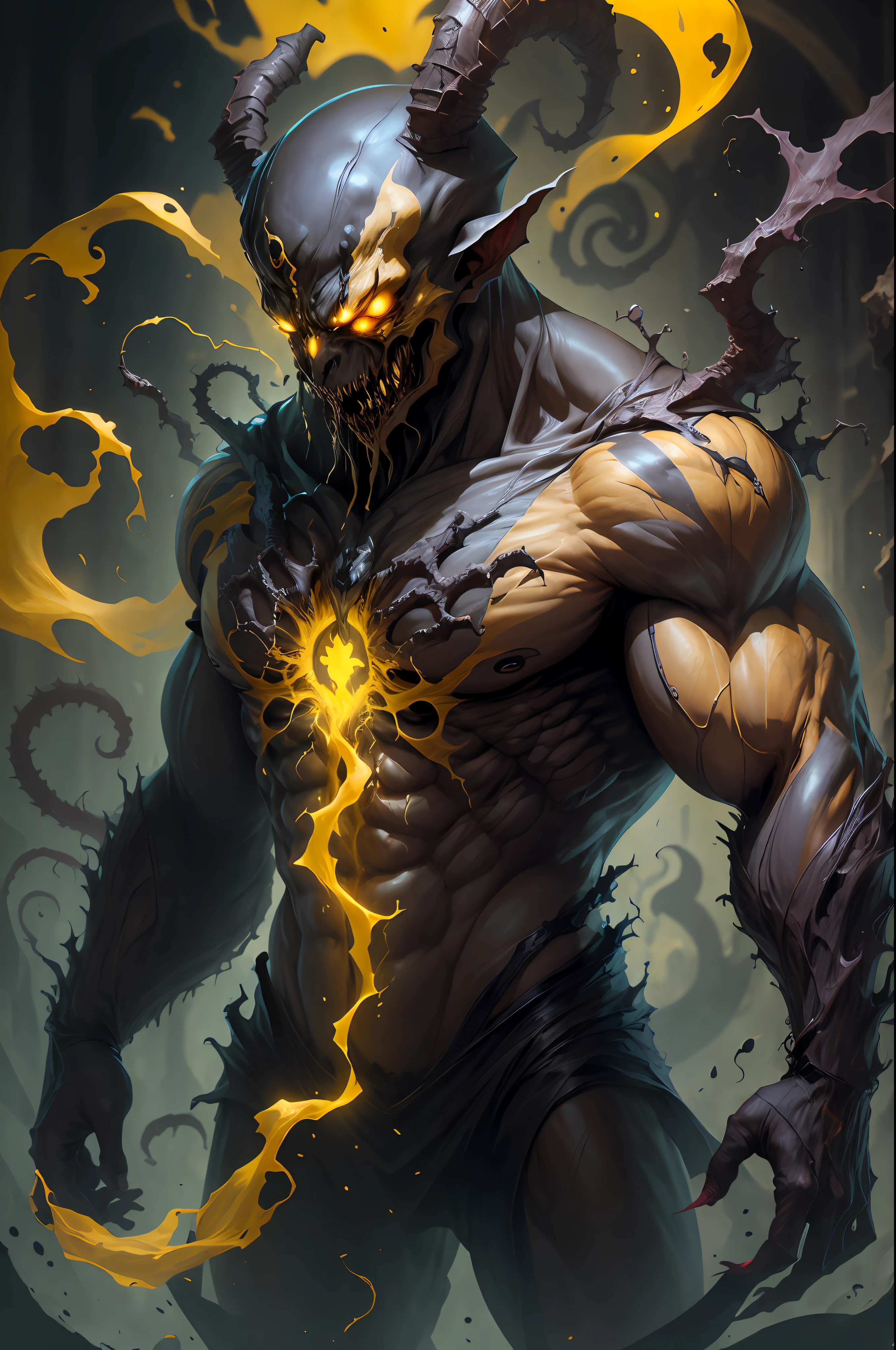 "Frightening gargoyle with a muscular body, glowing yellow eyes, and an ominous magical aura, infected with the Venom symbiote."