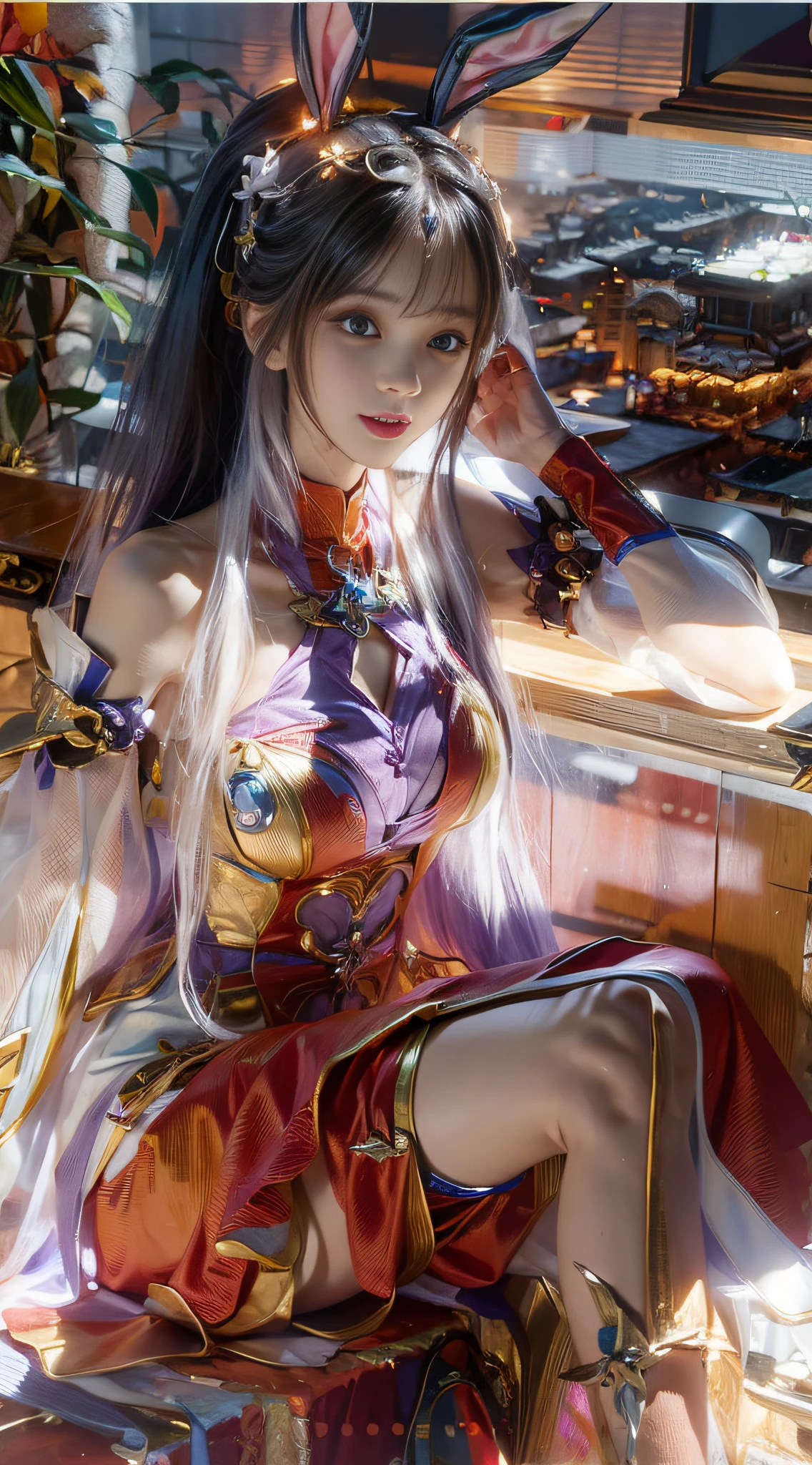 Anime - Stylistic image of a woman in a white and purple dress miniskirt，4 K detail fantasy，3 D rendering character art 8 K，anime highly detailed，Smooth anime CG art，Popular on CGstation，8K high-quality detail art，goddes。extremly high detail，hyper-detailed fantasy character，highly detailed character，2。5 D CGI anime fantasy artwork，Bunny ears，Superskirt