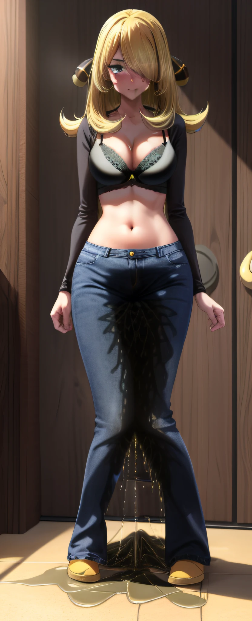 (masterpiece,best quality,high resolution,Beautiful detailed eyes),((blue jeans)),white ((bra)),standing,shy posture,barefeet,navel,bathroom,looking at viewer,((full body)),((((((big pee stain)))))),blush,worried,mouth open,cynthia \(pokemon\),hair over one eye,hair ornament