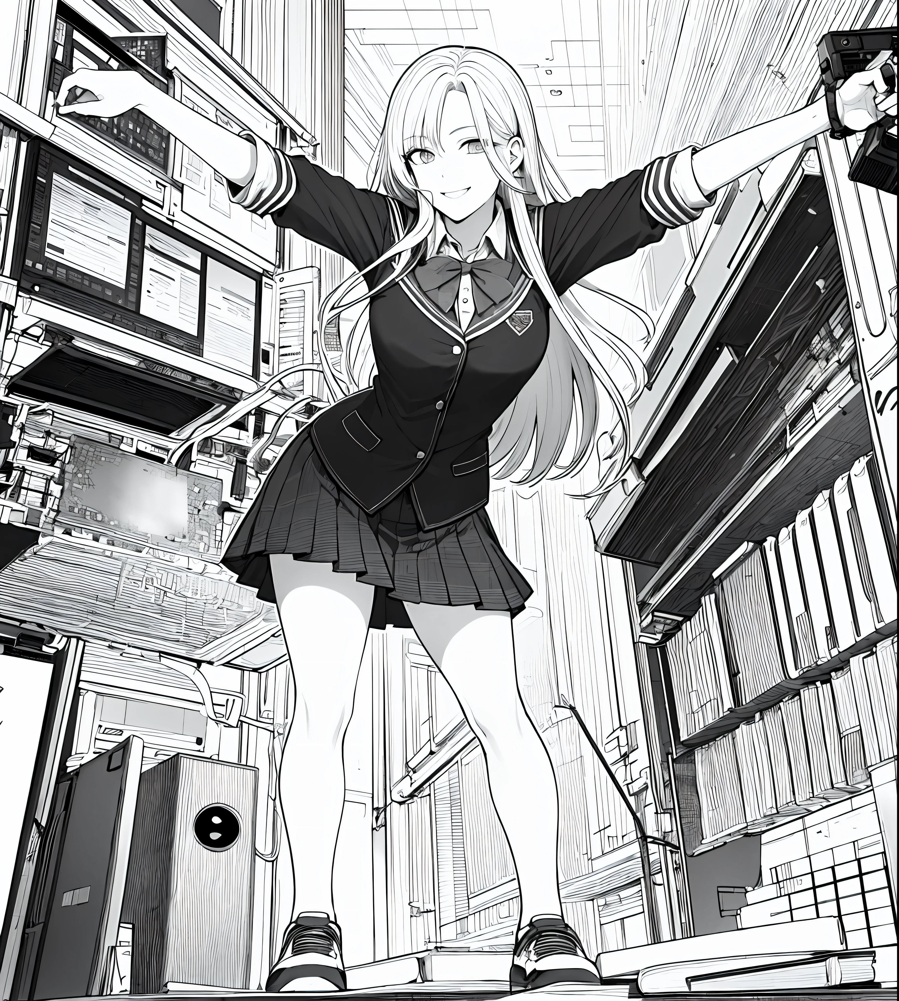 masterpiece, best quality, 1girl, solo, smile,  school uniform, computer, cyberpunk, indoors, streamer, hand on hip, very long hair, monochrome, lineart, full body,