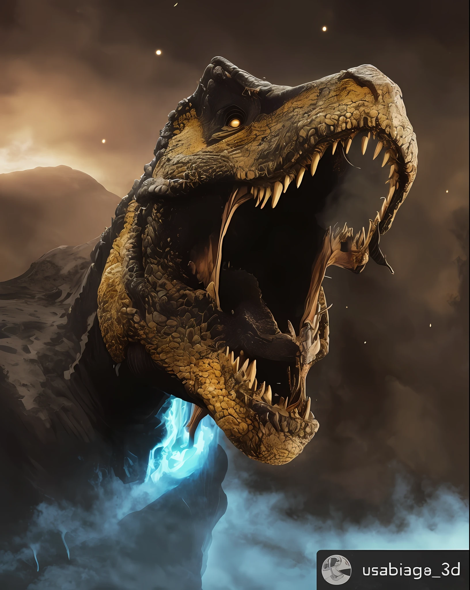 Melhor qualidade obra prima um close up de um dinossauro com uma boca grande e uma boca grande, Jurassic image, pele super detalhada, cor escura, Dinosaur Trex Cinematic Lighting, Trex de Godzilla (2014), inspirado em Bob Eggleton, Tiranossauro, inspirado em Adam Rex, tom cruise vs carnivore dinosaur, Directed by: Bob Eggleton, Directed by: Ivan Meštrović, carnivore dinosaur, T-Rex