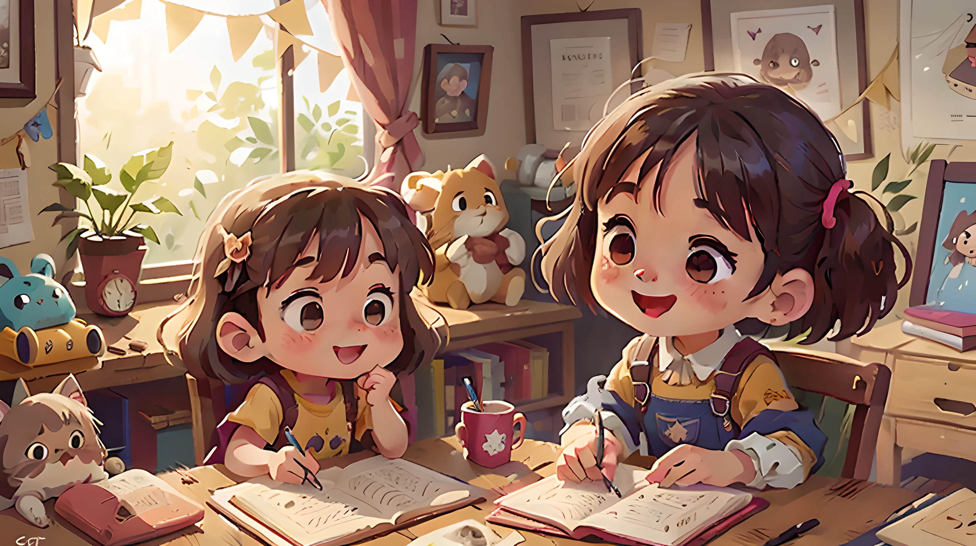 Happy child girl. Bucolic style. Women's children's clothing. Cor Lisa , Arte simples. Fofa, cabelos castanhos, Ghibli Style Studio. lendo livro