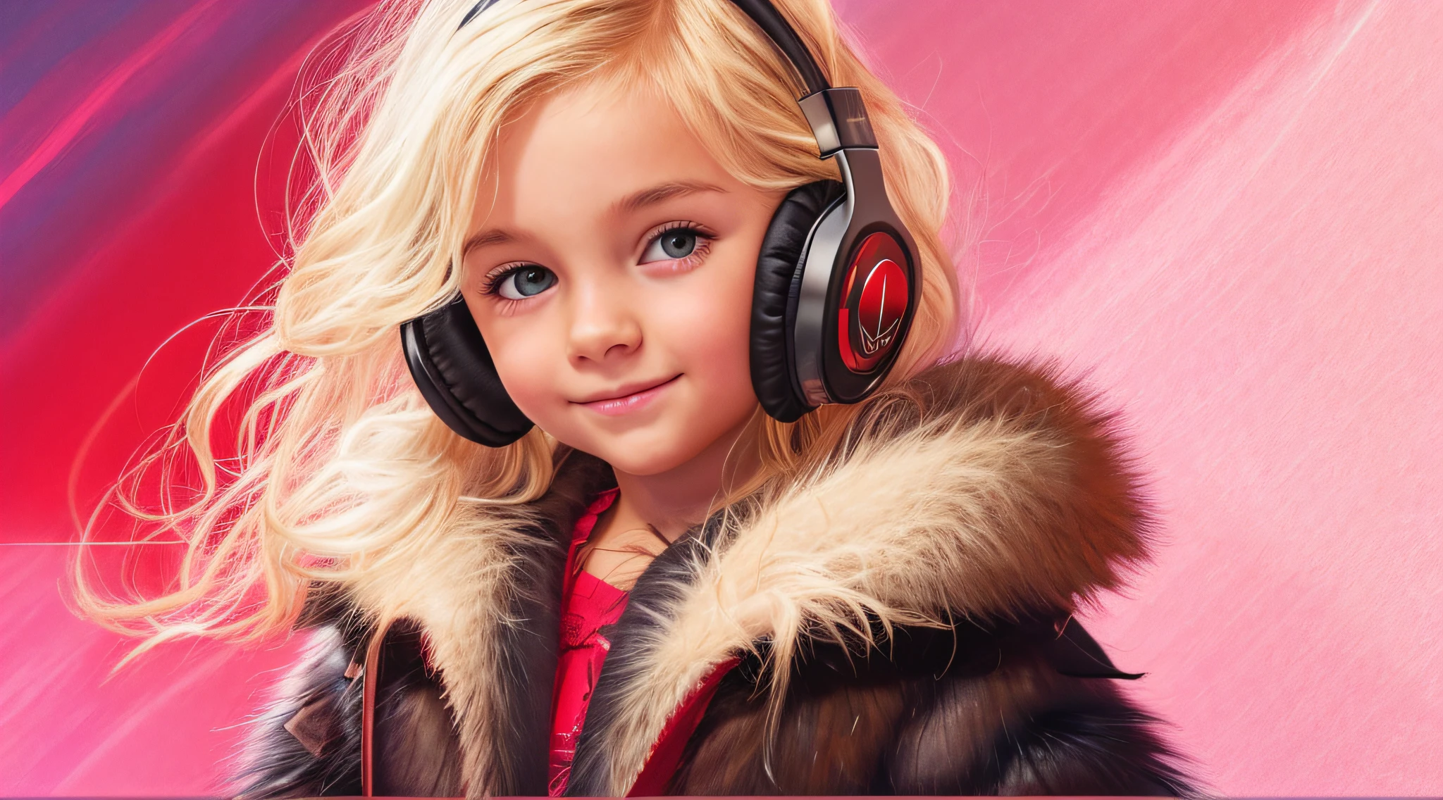 GIRL CHILD 8 YEARS OLD, RUSSIAN STYLE BLONDE HEADPHONES, BLACK FUR COAT, MESSY SHOULDER LENGTH BLONDE HAIR, RED BACKGROUND, BROWN EYES, HAPPY, CLEAN DETAILED FACES, INTRACATE CLOTHES, ANALOGOUS COLORS, BRIGHT SHADOWS, BEAUTIFUL GRADIENT, DEPTH OF FIELD, CLEAN IMAGE, HIGH QUALITY, HIGH DETAIL, HIGH DEFINITION, LUMINOUS STUDIO GRAPHICS ENGINE, BEAUTIFUL FACE