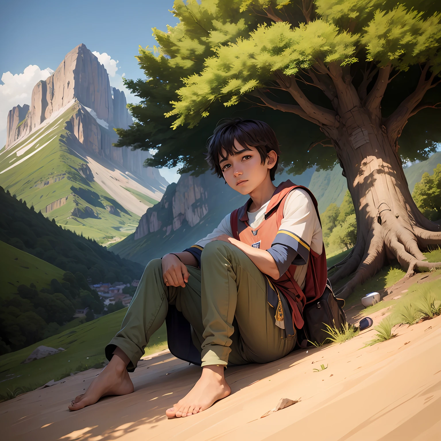 A YOUNG VILLAGER LYING in the shade of a tree AT THE FOOT OF A MOUNTAIN --auto