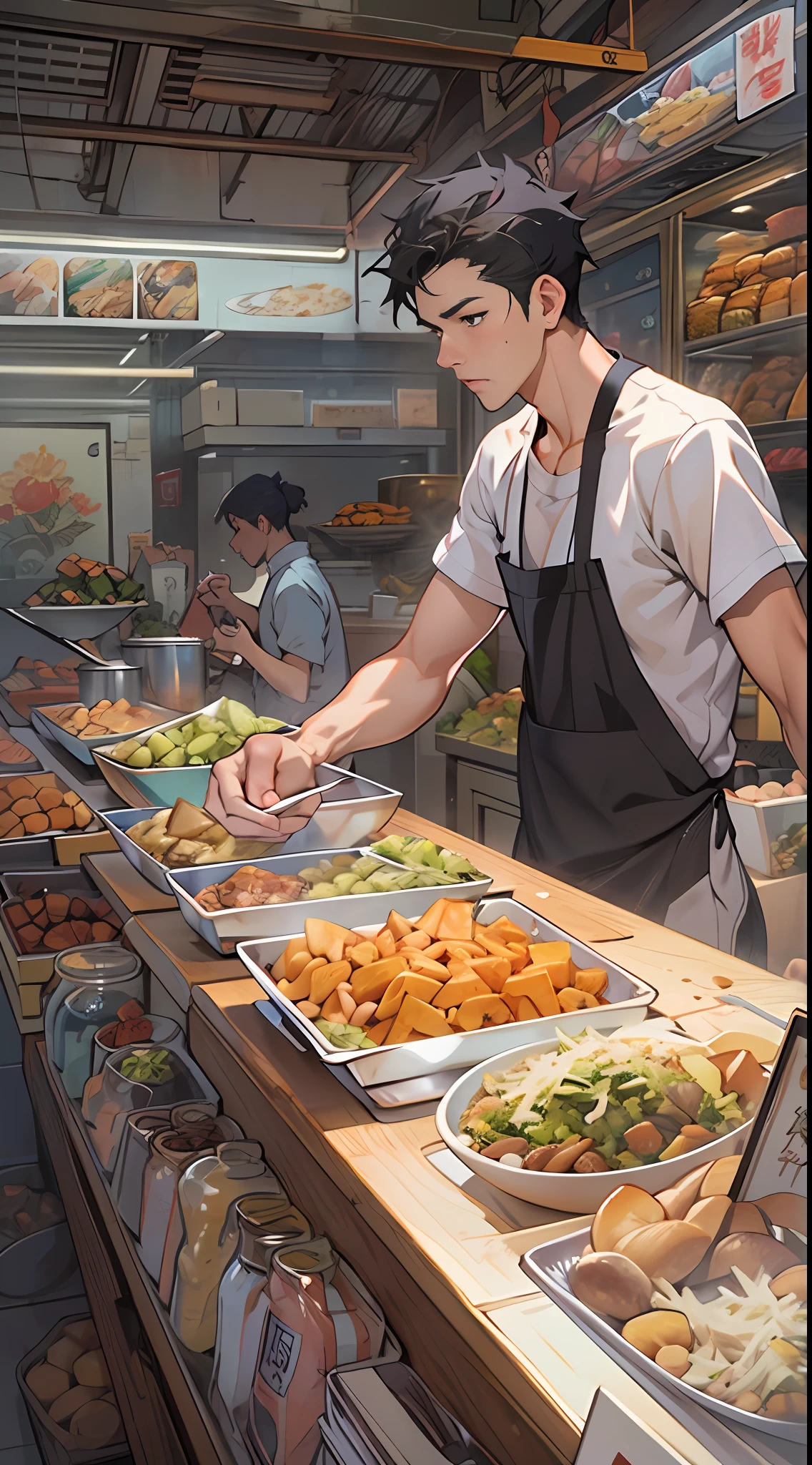 a guy is serving food at the counter in a market, in the style of anime art, he jiaying, photo-realistic, kris knight, 2d game art, rich tonal palette, outdoor scenes, 32k, best quality, masterpiece, super detail, high details