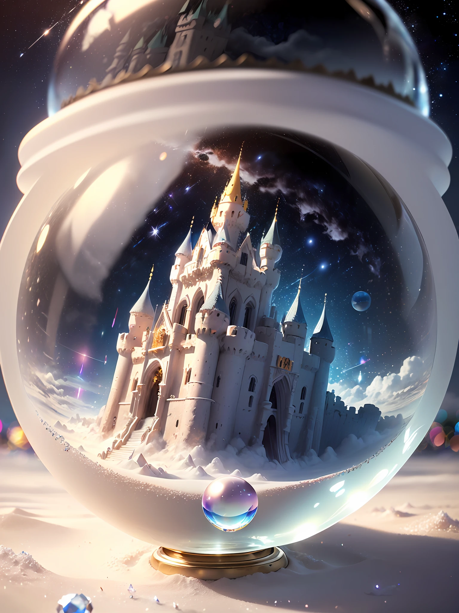 Hyper-realistic、16K High Resolution、(Maximum Sharp Focus:1.3)、(Maximum Close-up:1.5)、(Celestial castle trapped in a single crystal ball with a pedestal on a table:1.4)、(White sand、white clouds、White fog、milkyway:1.5)、(Large bokeh background、Back Light:1.5)