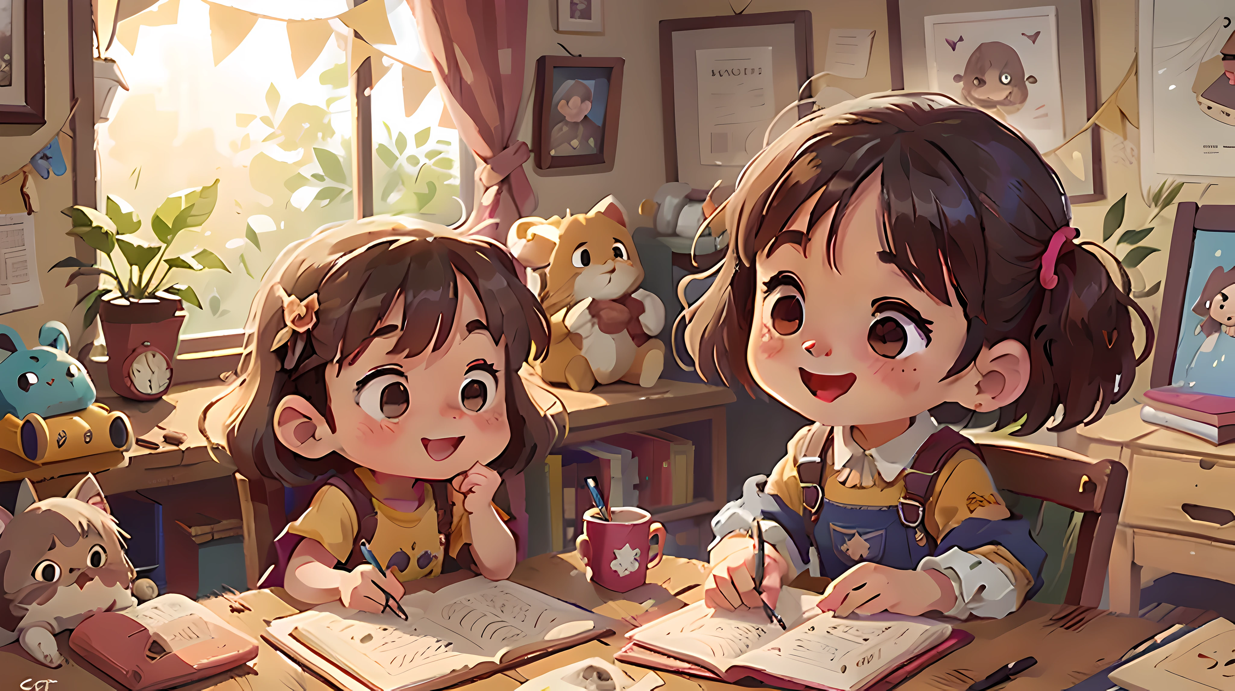 Happy child girl. Bucolic style. Women's children's clothing. Cor Lisa , Arte simples. Fofa, cabelos castanhos, Ghibli Style Studio. lendo livro