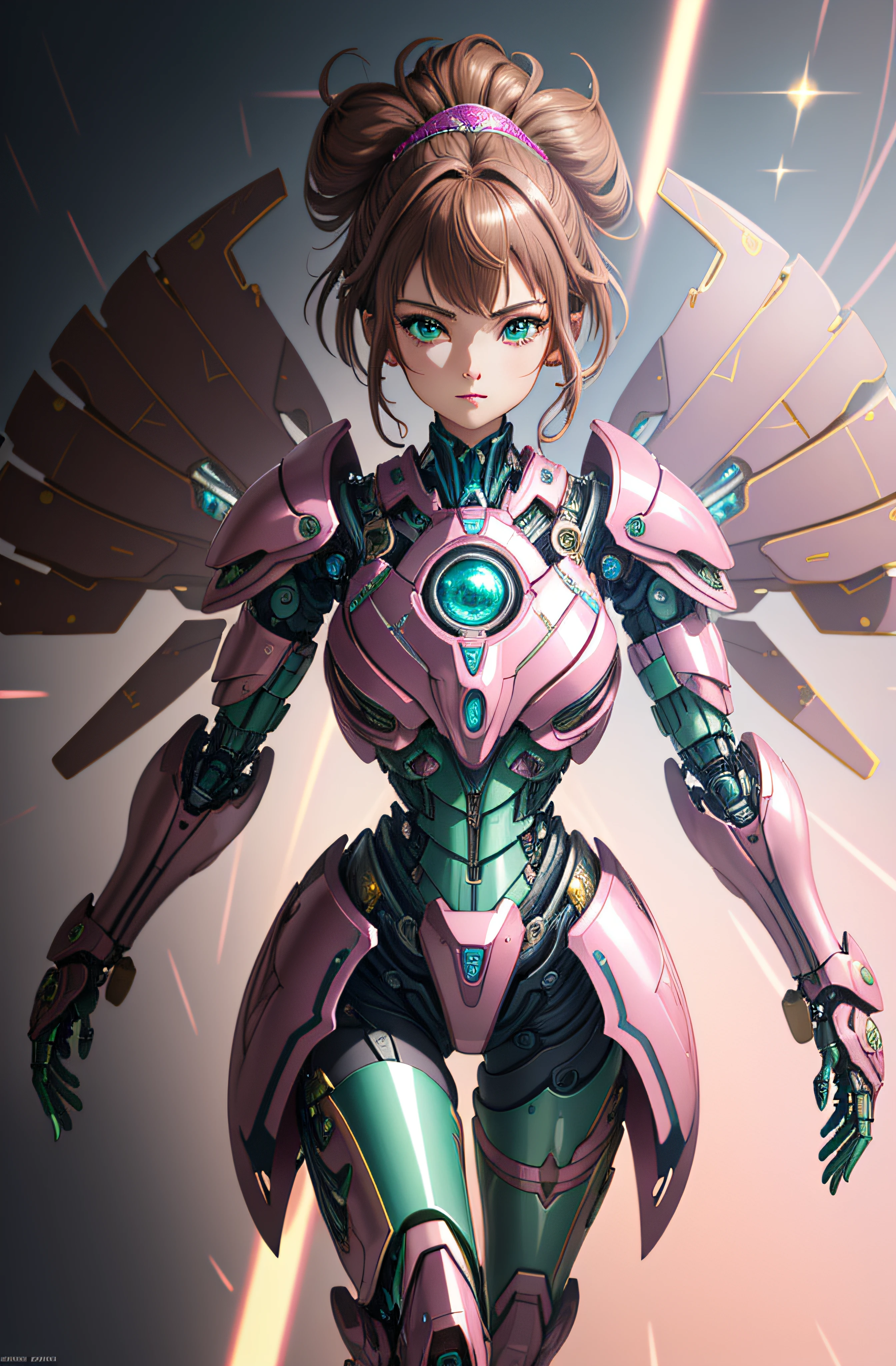 (Super elaborate CG Unity 8K wallpaper, masterpiece, highest quality): (Dynamic Angle, Solo, 1 beautiful Girl, Pink cyborg armor in the style of police uniform, sparkly green eyes, brown hair)