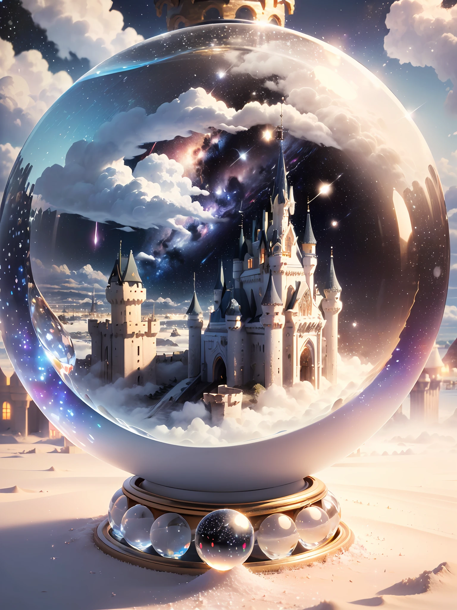 Hyper-realistic、16K High Resolution、(Maximum Sharp Focus:1.3)、(Maximum Close-up:1.5)、(Celestial castle trapped in a single crystal ball with a pedestal on a table:1.4)、(White sand、white clouds、White fog、milkyway:1.5)、(Large bokeh background、Back Light:1.5)