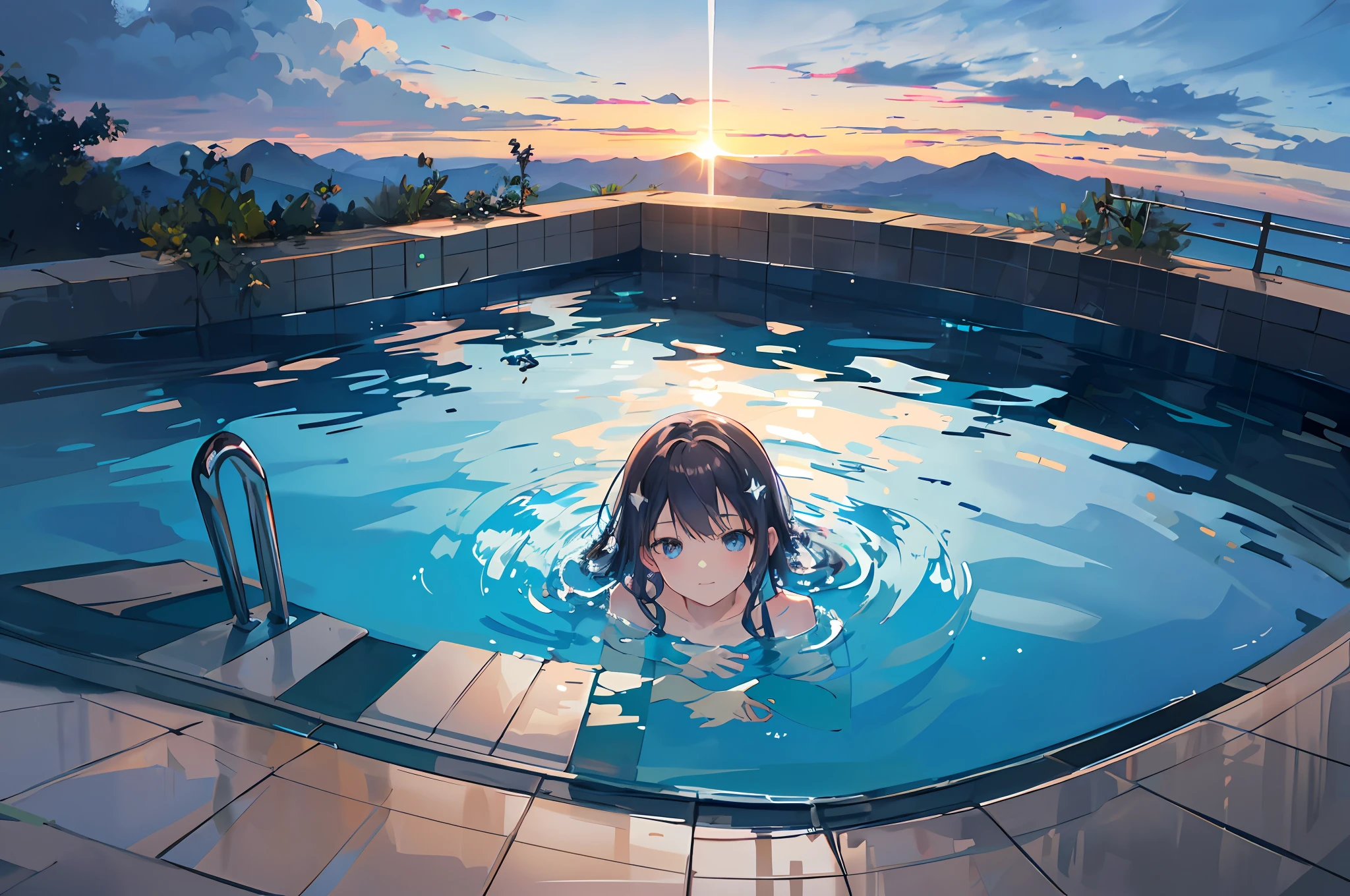 ((There is a woman)), (((swimming lying on her back:1.2))), (((top-down view:1.5))), ((distant view)),infinity pool mirrors, infinity pool, infinity concentric pool, epic and stunning, Mountain Dew in the background, heaven in the top, sitting on a reflective pool, heaven on earth, sitting in a reflective pool, in a luxurious pool, stunning view, sit on the edge of swimming pool, sunrise