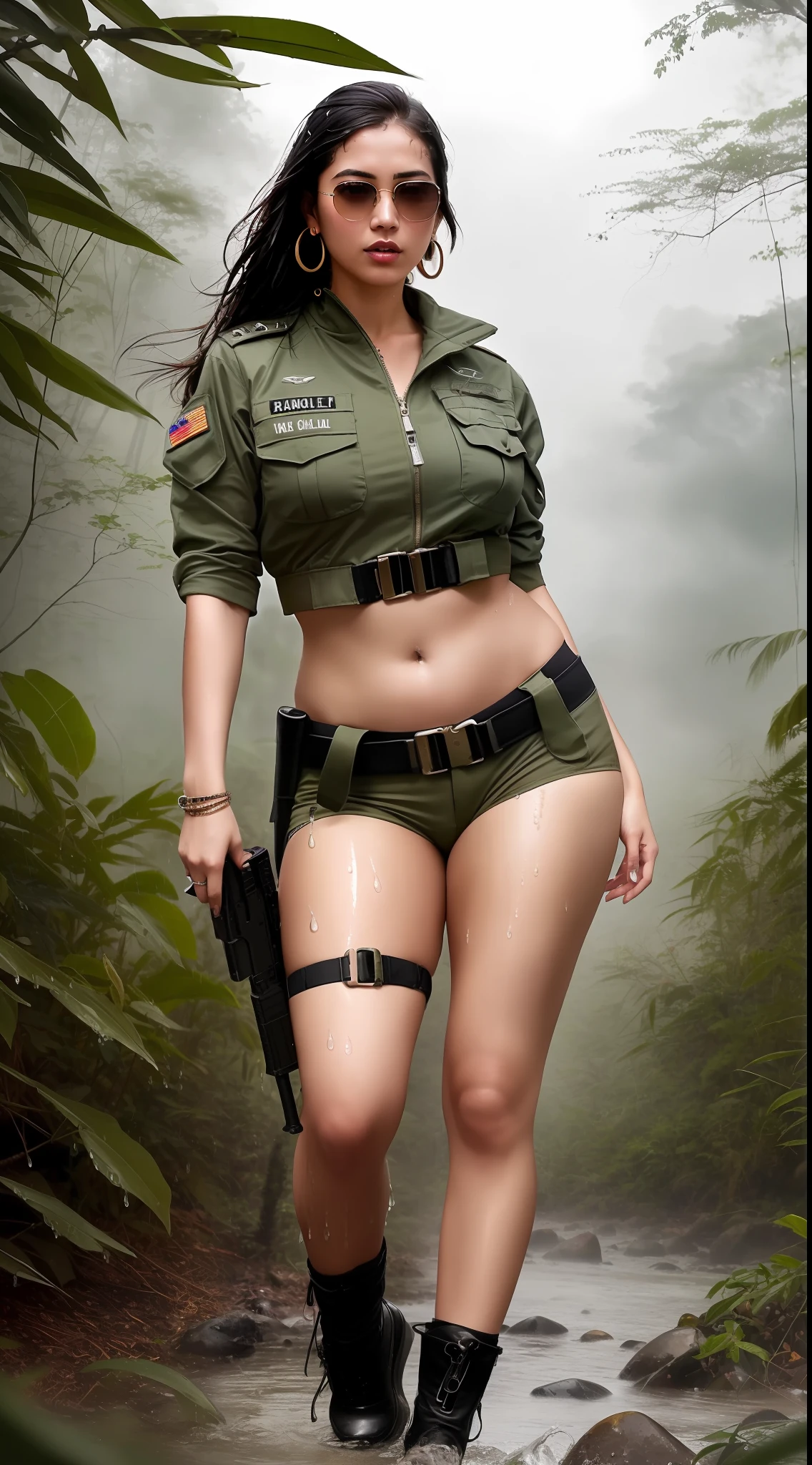Full body photo of (emaciated:1.3) female jungle commando, (blonde:1.1), 25 years old Indian girl, camouflage, (earrings, zippers, gun, bandaleer, bullet belt pocket, bullet belt, sunglasses:1.2), (wet:1.2), (military gear:1.3) dark, gritty, gloomy, militaristic, (looking_at_viewer:1.3), solo, rainy, bokeh, dramatic lightning, (jungle background:1.2), abs, highly detailed, masterpiece, best quality, 8k, beautiful face, beautiful body, (oily skin, cell-shaded:1.3), colored line art, big breasts, curvy, feminine curves, dynamic pose, (art by Maciej kuciara:1.15), art by Greg Rutkowski, photoshoot from random angles, uhd