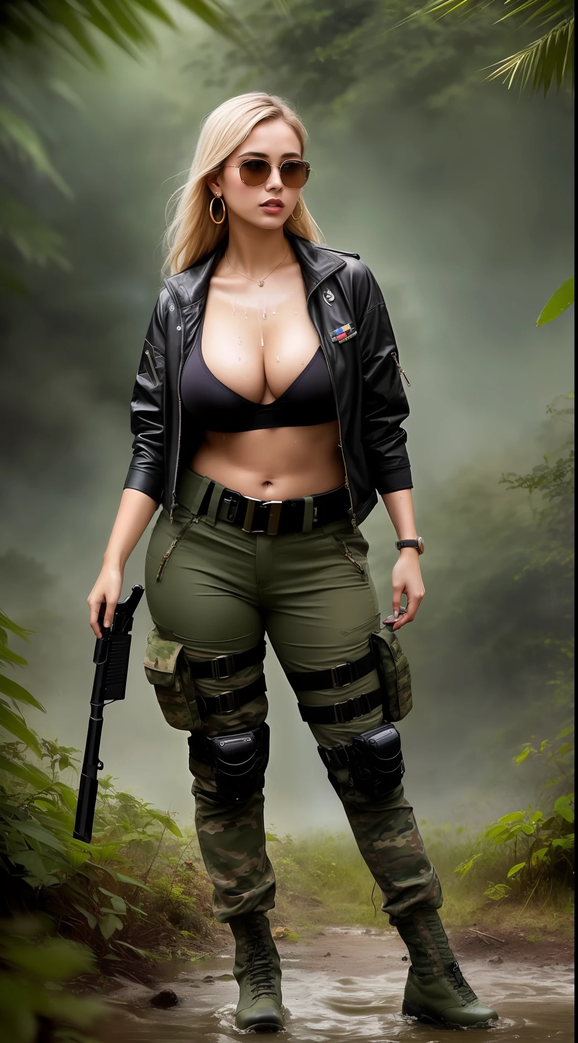 Full body photo of (emaciated:1.3) female jungle commando, (blonde:1.1), 25 years old Indian girl, camouflage, (earrings, zippers, gun, bandaleer, bullet belt pocket, bullet belt, sunglasses:1.2), (wet:1.2), (military gear:1.3) dark, gritty, gloomy, militaristic, (looking_at_viewer:1.3), solo, rainy, bokeh, dramatic lightning, (jungle background:1.2), abs, highly detailed, masterpiece, best quality, 8k, beautiful face, beautiful body, (oily skin, cell-shaded:1.3), colored line art, big breasts, curvy, feminine curves, dynamic pose, (art by Maciej kuciara:1.15), art by Greg Rutkowski, photoshoot from random angles, uhd