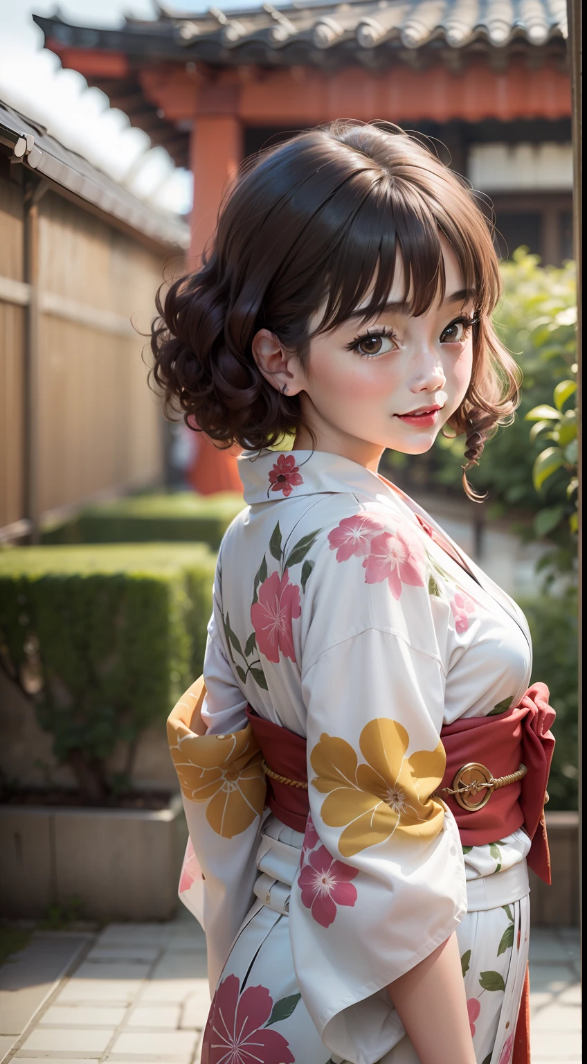 (8K、top-quality、masterpiece:1.2)、(reallistic、Photorealsitic:1.37)、The ultra-detailliert、girl with、cute little、(A smile:1.1)、beautidful eyes、(Brown hair、Curly hair、Twin-tailed)、shrines、Yukata with orange floral pattern on white fabric、valley、full bodyesbian、、Innocent