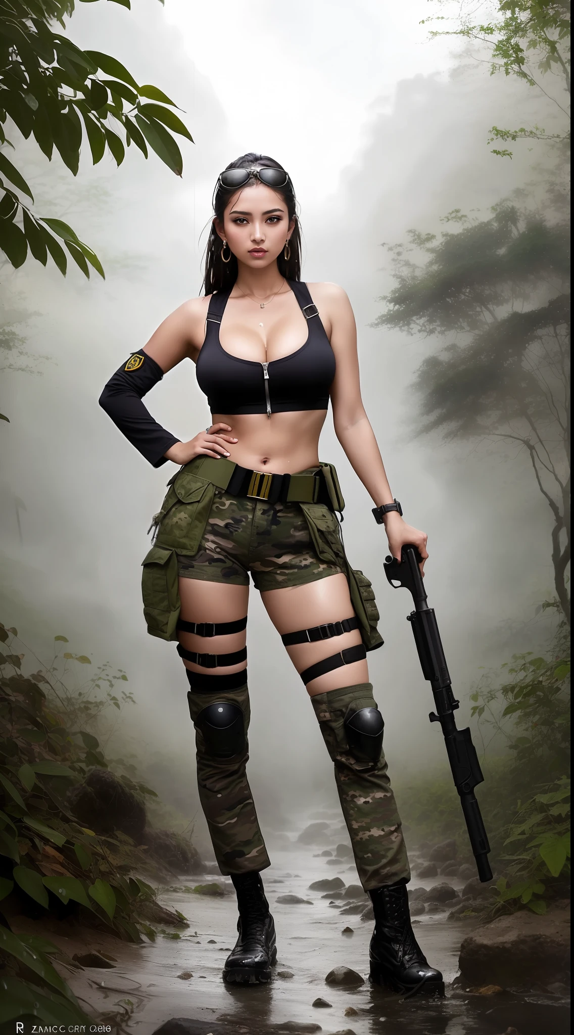 Full body photo of (emaciated:1.3) female jungle commando, (blonde:1.1), 25 years old Indian girl, camouflage, (earrings, zippers, gun, bandaleer, bullet belt pocket, bullet belt, sunglasses:1.2), (wet:1.2), (military gear:1.3) dark, gritty, gloomy, militaristic, (looking_at_viewer:1.3), solo, rainy, bokeh, dramatic lightning, (jungle background:1.2), abs, highly detailed, masterpiece, best quality, 8k, beautiful face, beautiful body, (oily skin, cell-shaded:1.3), colored line art, big breasts, curvy, feminine curves, dynamic pose, (art by Maciej kuciara:1.15), art by Greg Rutkowski, photoshoot from random angles, uhd