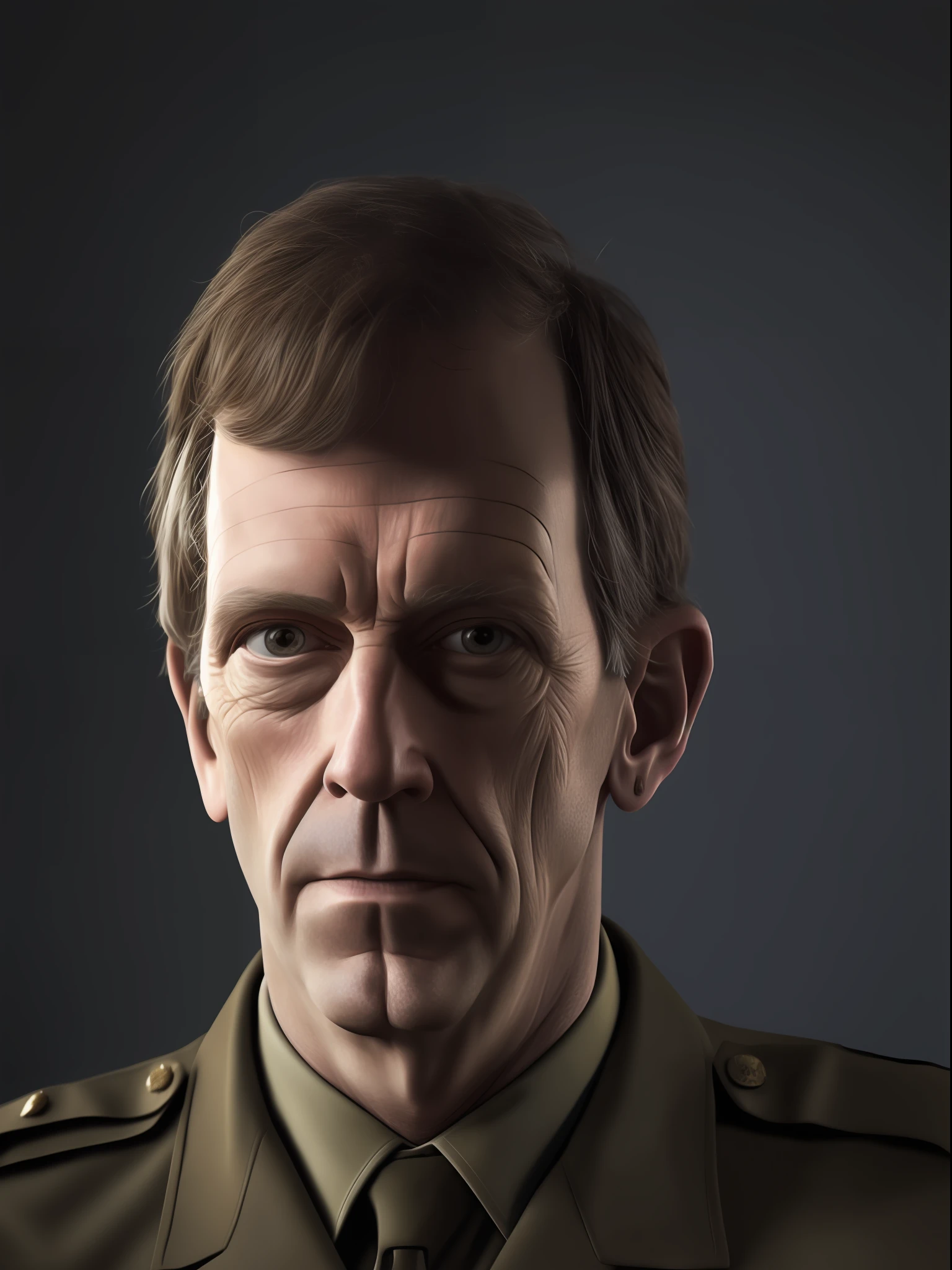 Autoretrato de rosto de agente secreto da cia usando uniforme militar,  inspirado em Hugh Laurie, Imagem realista altamente detalhada, detalhes intricados. UHD, 8k