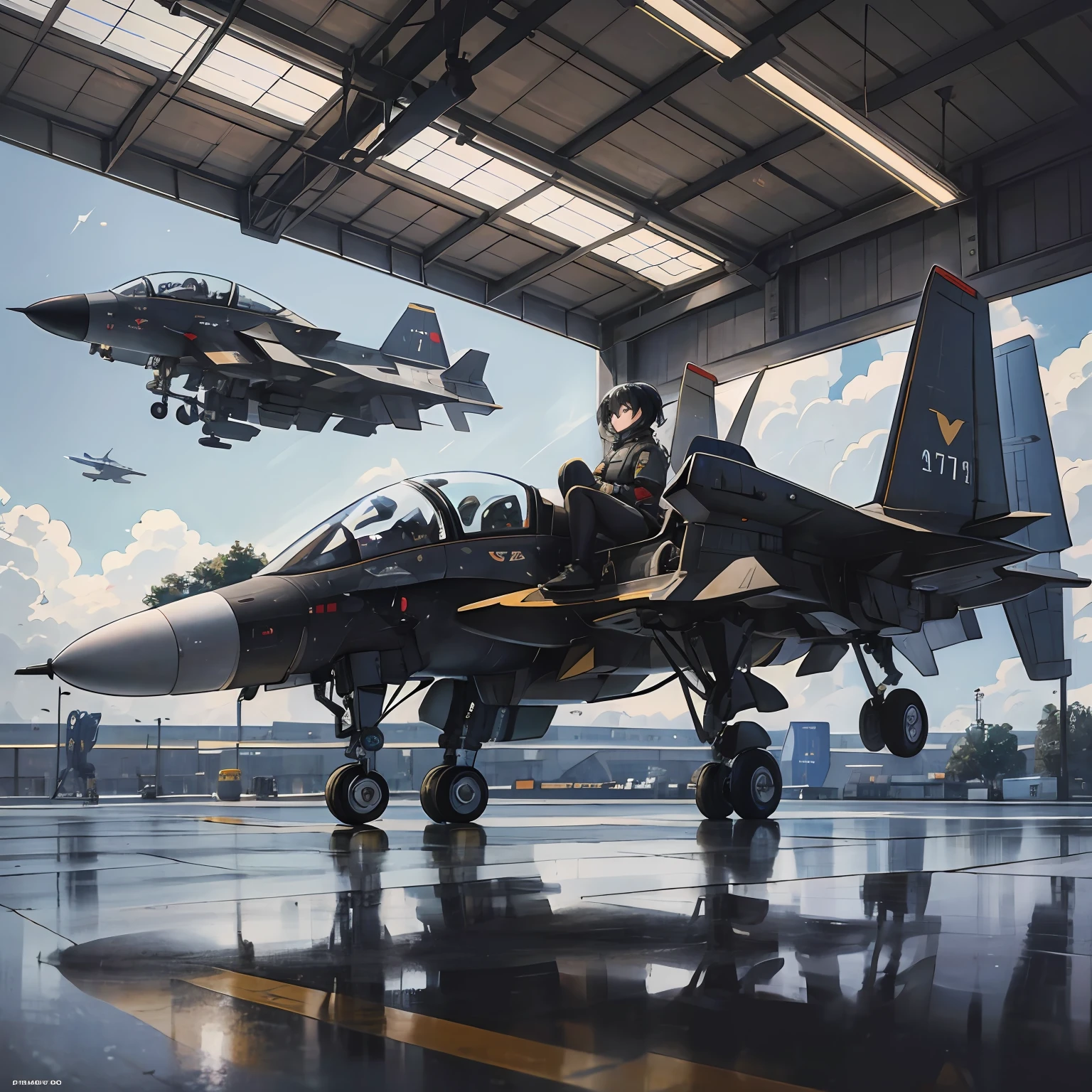 A 15-year-old Korean girl with a height of 165 centimeters, short black hair and wearing a spacesuit was sitting in the cockpit of the Future Fighter. comic style. side view.
Future fighter jets parked on the tarmac. --auto