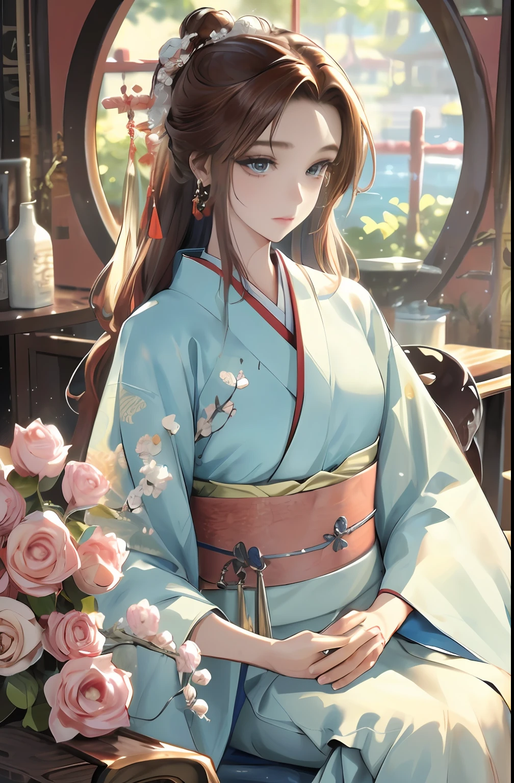 Best quality at best，tmasterpiece，illustratio，an extremely  delicate and beautiful，The is very detailed，CG，unity，8k wallpaper，astounding，finely detailled，tmasterpiece，Best quality at best，offcial art，Very detailed CG unity 8k wallpaper，absurderes，Incredibly Ridiculous res，hugefilesize，ultra - detailed，A high resolution，The is very detailed，Beautiful detailed girl，very detailed eyes and faces，beatiful detailed eyes，light in face，（Hanfu：1.1），1girll，full bodyesbian，full bodyesbian，shot of，，tmasterpiece，1girll，独奏，brunette color hair，white dresses，，white thighhig，lake，dampness