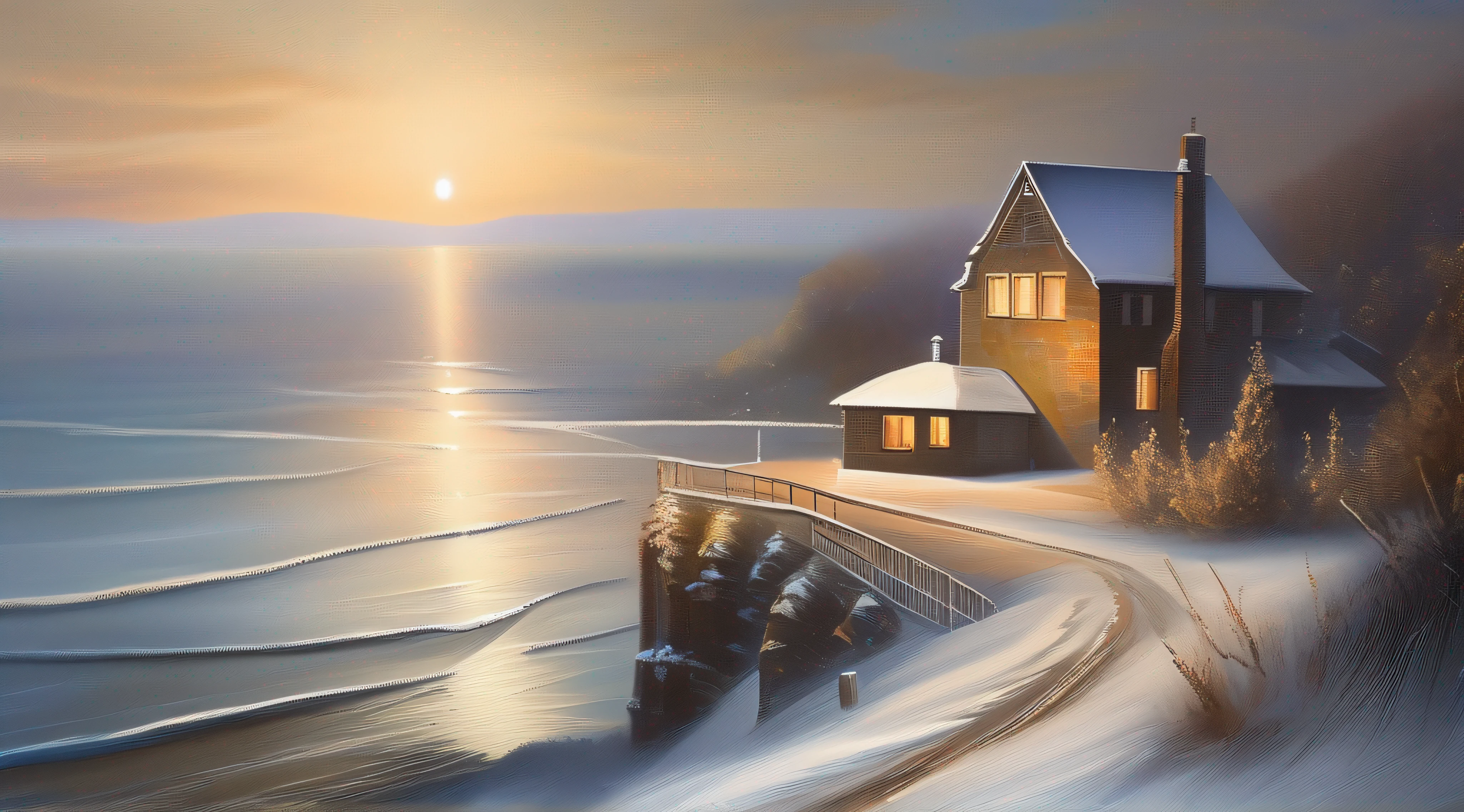 An authentic photographic landscape painting with unparalleled reality, wide view, on the sea, stars, sunlight, winter, light effects, realism, Dennis Sarahin, art station