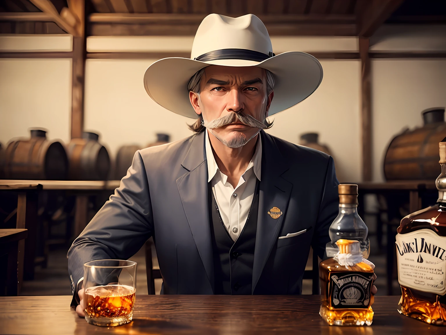 Jasper Newton Daniel (50 anos) (bigode denso) (cabelo, barba e bigode pretos) (apenas garrafa jack daniels) (white hat) drinking whiskey at the Jack Daniels distillery in Tennessee (barris jack daniels ao fundo)