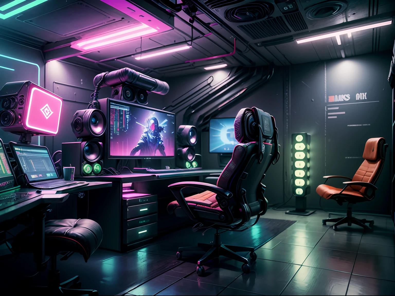 Interior design for a cypherpunk podcast studio: holographic screens and floating chairs. The space is futuristic and messy with technical gear and tools strewn about. Colorful neon lights add to the cyberpunk vibe.