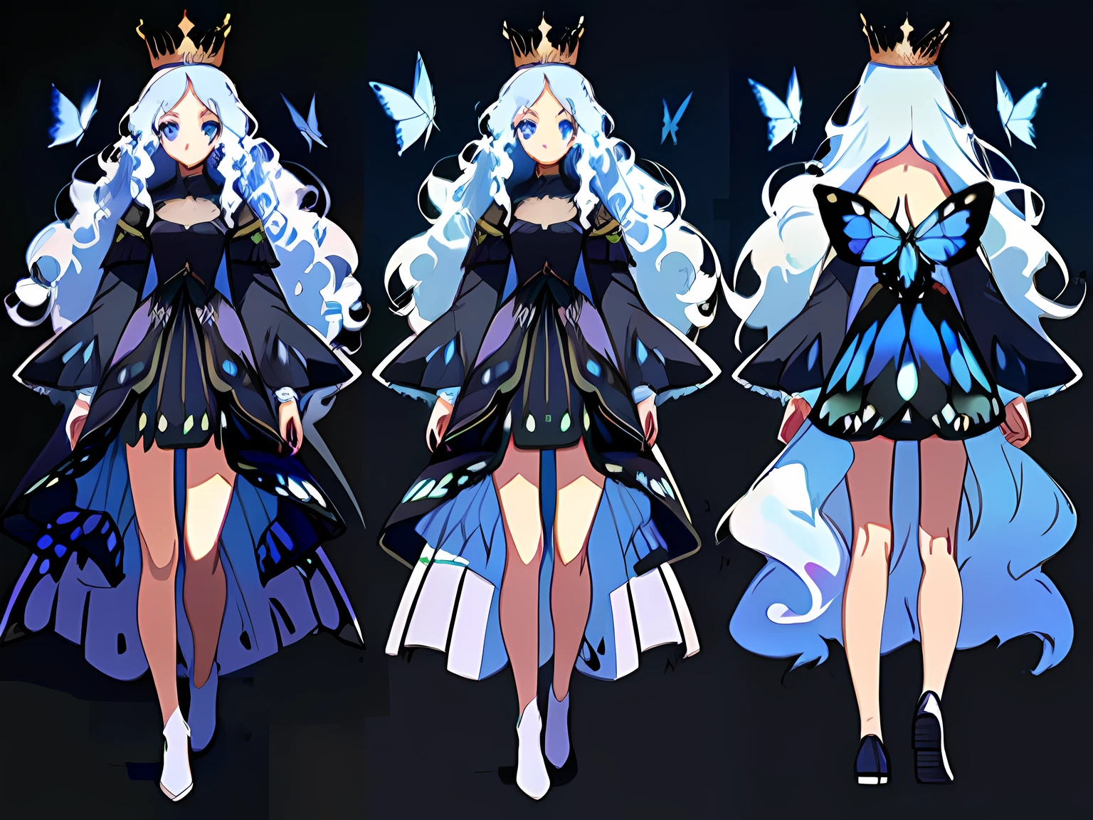 ((Masterpiece)),(((Best quality))),(CharacterDesignSheet,Same character full body,frontage,Lateral face,on back),illustration,Girl with long white hair, Curly hair, Blue eyes, Butterfly accessories, Crown dress, Blue and black clothes, Gorgeous