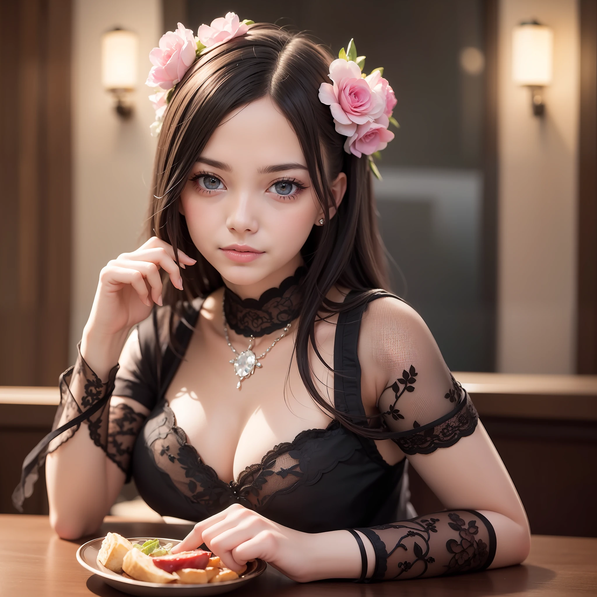 fotorrealista,Realistic illustration in Manga style,((obra maestra)),((La mejor calidad)),((Calidad Ultra)),((ultra detallado)),((1girl)),((Only)),((waifu:1.5)),Perfect anatomy,hermoso cuerpo,hermoso_cara,ulzzang-6500-v1,E-girl,Excepcionalmente Beauty Waifu Princess Emma Stone como Nezuko Kamado Demon Slayer,en un hermoso vestido estilo de princesa con flores de hielo y piedras brillantes,ropa mojada,Calcetines negros,((rosa-brillante_ojos)),cabello largo ondulado,delineador,Maquillaje lindo,lipstick,Glossy lipstick,con una mirada de amor,con una linda sonrisa,((ojos detallados perfectos)),en un restaurante elegante estilo Cyberpunk,lluvioso afuera,noche,bioluminiscencia,light particles,((Extremadamente CG Unidad 8K Fondo de pantalla)),((cinematic lighting,best quality backlight)),Detalles intrincados,Suave,foco nítido,Extremely beautiful and aesthetic,Renderizado de octanaje,retrato de cuerpo entero,damp skin,((Cuerpo detallado perfecto)),