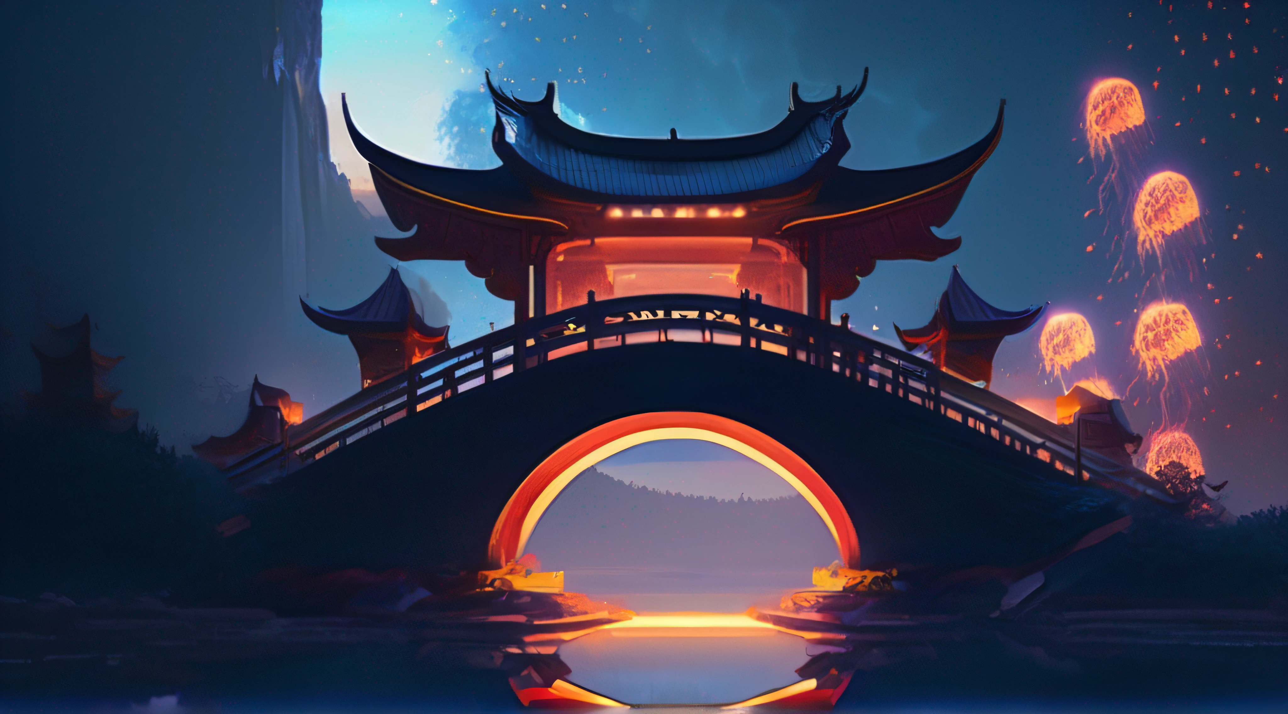 fire works,nightlight,arch bridges,Chinese architecture in the valley,Sateen,the pale blue sky,Cyberpunk lighting effects,SakuraNS,lakes,clouds,WLOP,Fairytale,dream,Broad perspectives,by Greg Rutkowski and James Gurney,vary,4K, artstation.