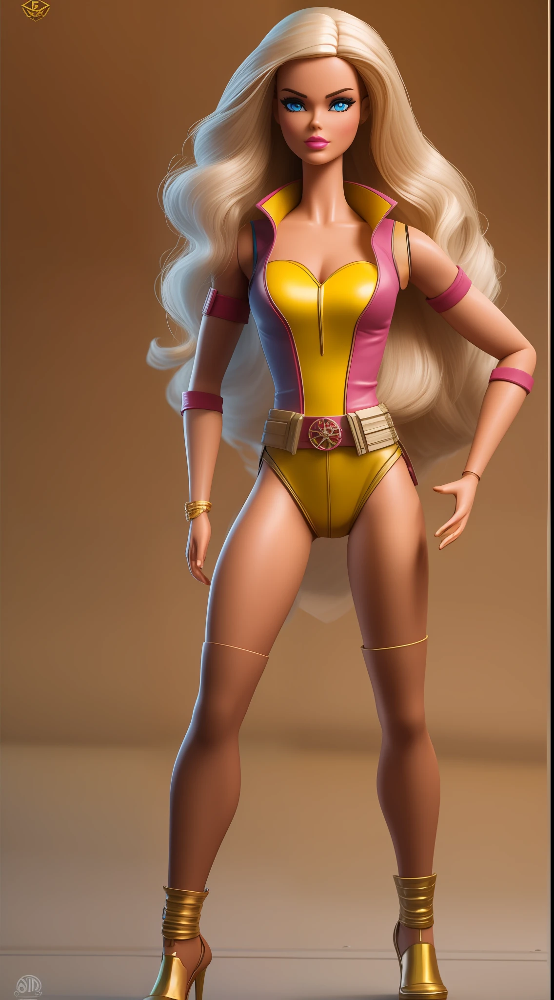 boneca barbie, Barbie vestindo uma traje dos XMEN, Cores Naturais, action shot, ultra detalhado, corpo inteiro, dynamic pose, rosto da Barbie, Rendered in unreal 5 graphics engine, fotografia, poster 9:16, 35 mm, F/2.8, Tiro corporal incrivelmente detalhado e realista