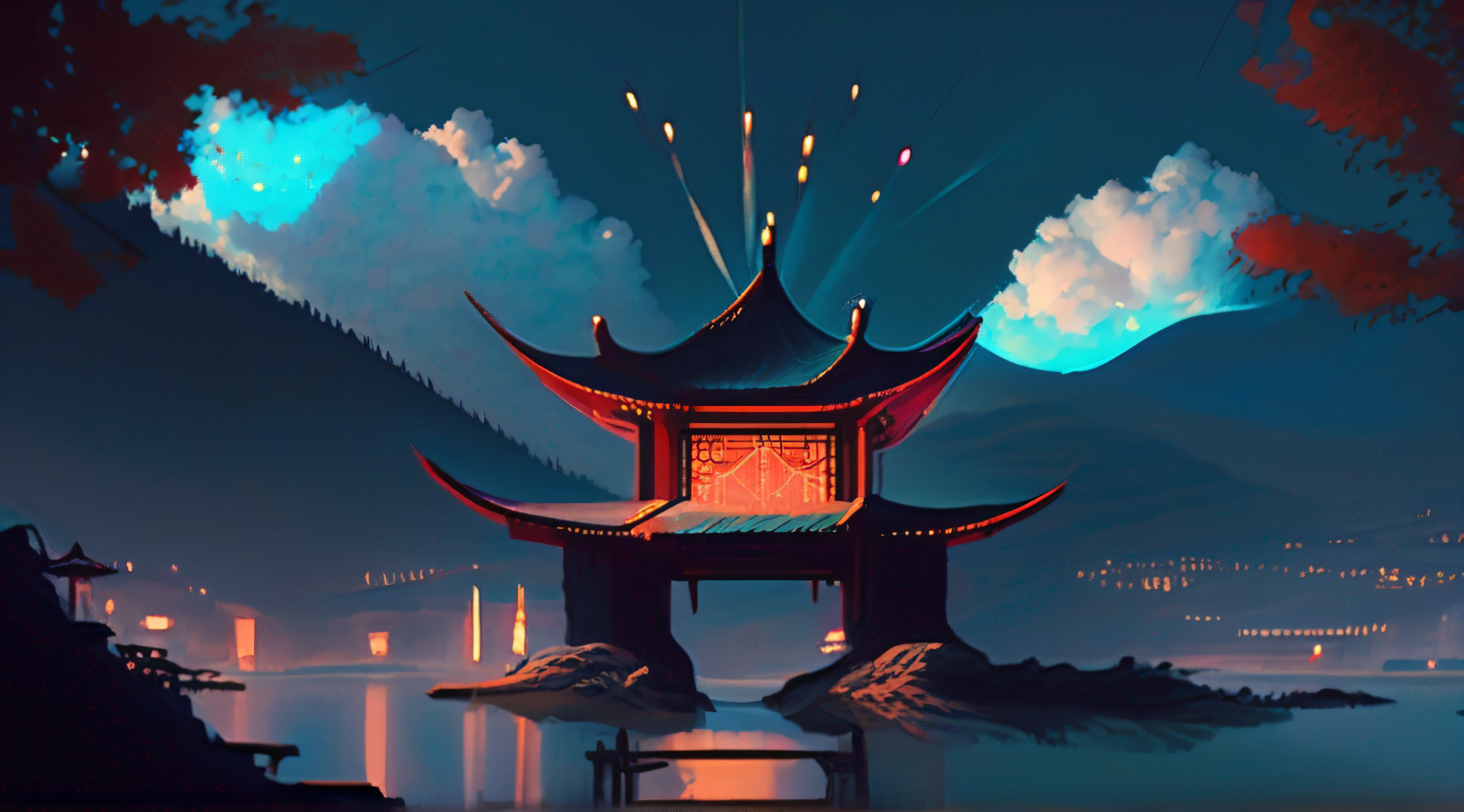fire works,nightlight,arch bridges,Chinese architecture in the valley,Sateen,the pale blue sky,Cyberpunk lighting effects,SakuraNS,lakes,clouds,WLOP,Fairytale,dream,Broad perspectives,by Greg Rutkowski and James Gurney,vary,4K, artstation.