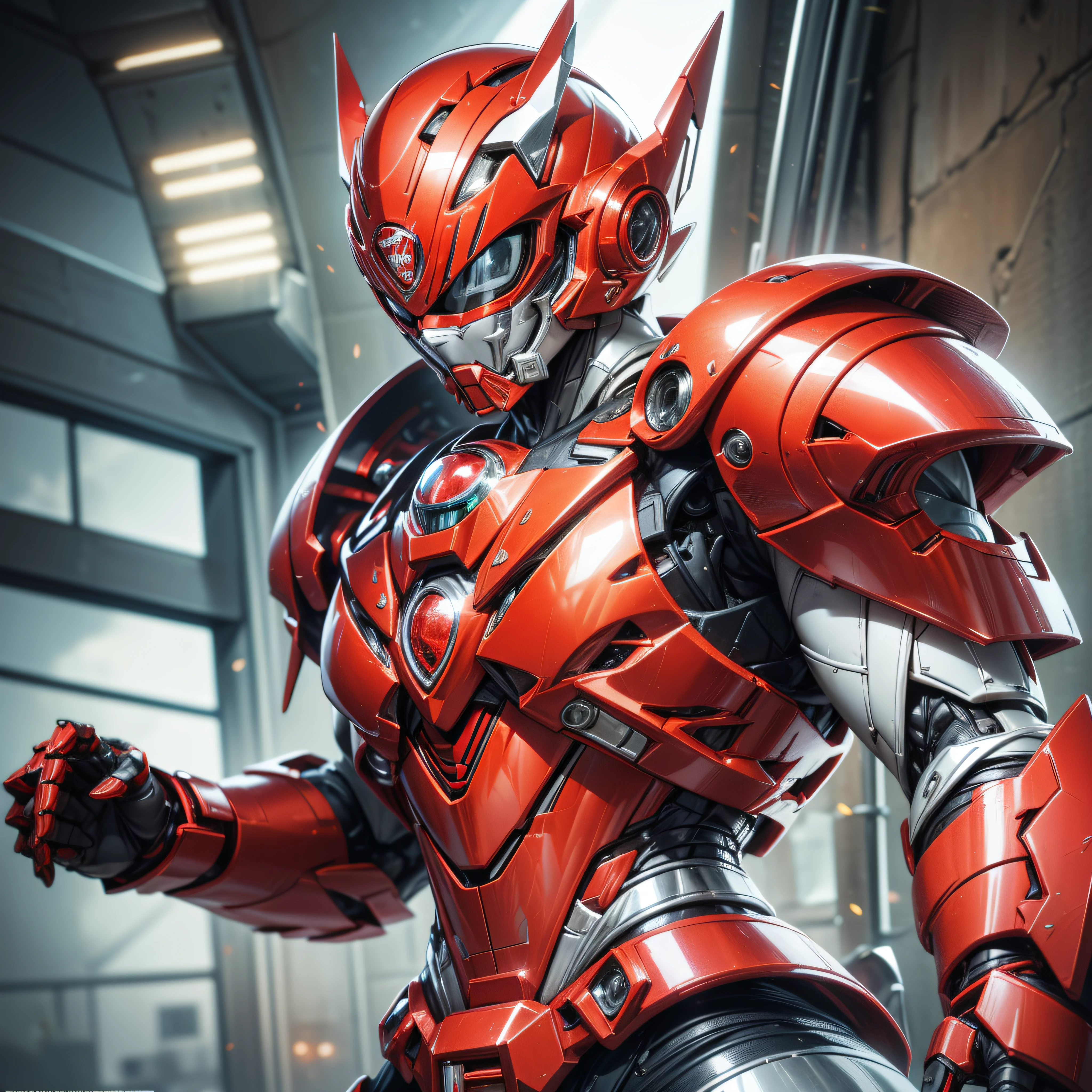 Handsome man, made of red metal, (Red Cyborg: 1.1), (((Red Power Ranger's style helmet with chrome face plate))), ([Tail | Detail Wire]: 1.3), (Complex Detail), HDR, (Complex Detail, Ultra Detail: 1.2), Cinematic Shot, Masterpiece, Best Quality, High Resolution, Vaginal Foreign Object Insertion, Centering