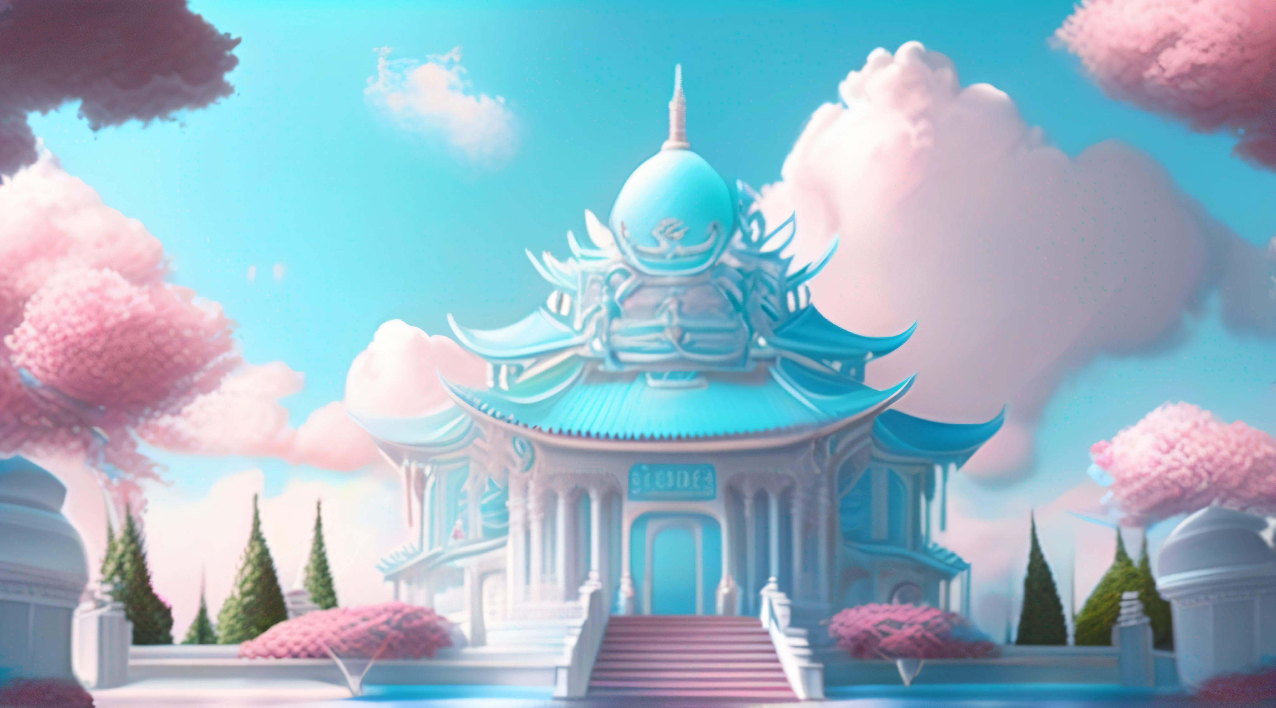 Beautiful temple,mid day,Cyan and white temples in the clouds,the light blue sky,Cyan and pink clouds,Rose garden,art stations,由Eliseo H.Zubiri和lan Fisher,cgsociety,vary,Maxwell,Ultra-wide lens,4K