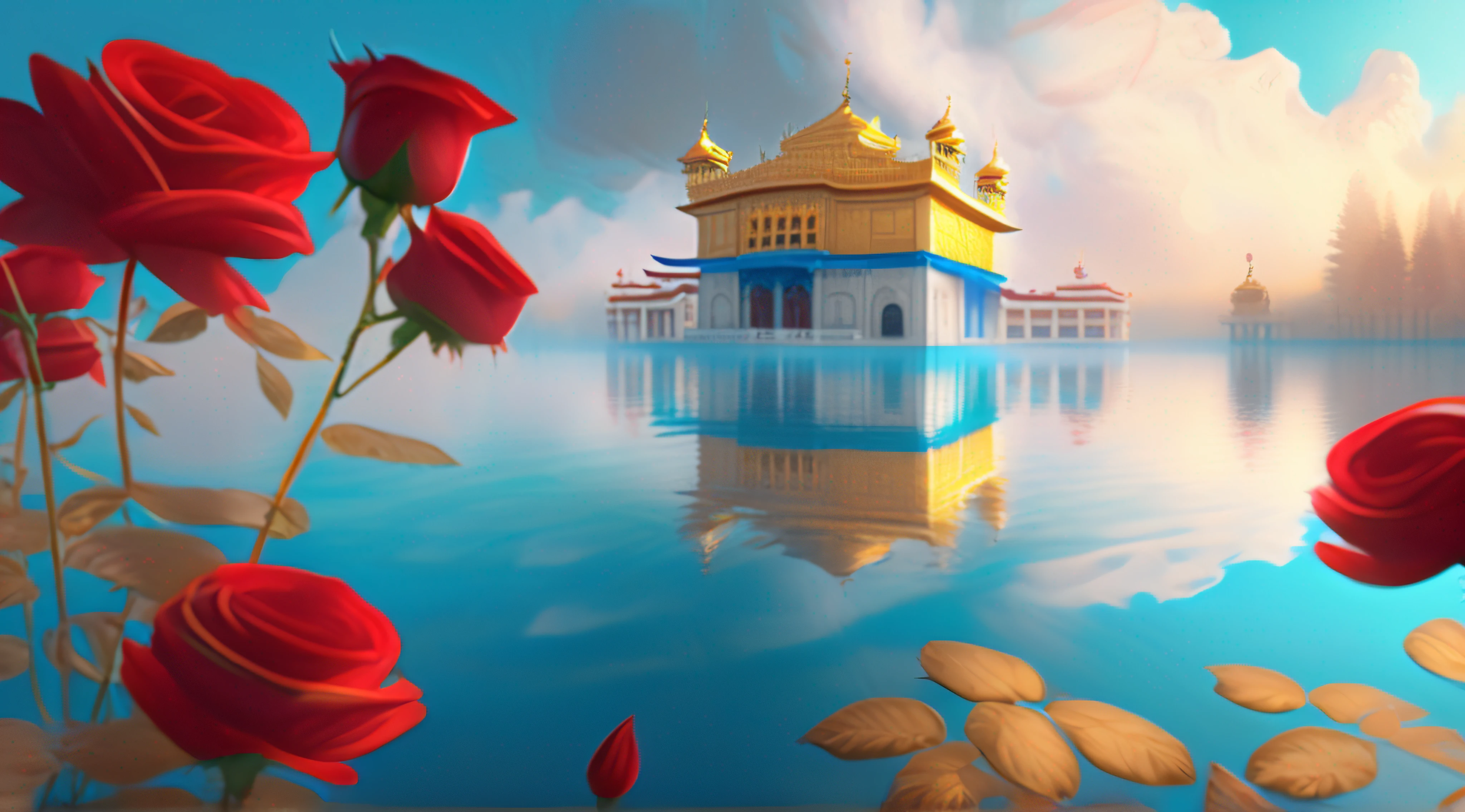 in the early morning,Golden temple in the clouds,the light blue sky,Cyan clouds,Red roses,Blue lake,Tyndall effect,由Eliseo H.Zubiri和lan Fisher,cgsociety,vary,Maxwell,Ultra-wide lens,4k