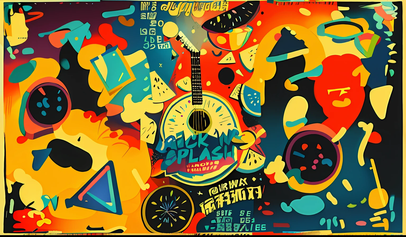 Close-up of poster with guitar and various objects, Poster illustration, artwork of a, poster in 8 0 s style, illustrated poster, Vintage poster concert, Official artwork, Poster design, Splash, music poster, Concert poster, hand painted cartoon art style, * Color splattering *, promotional artwork, illustration!, music album art, Risotu poster, cartoonish graphic style