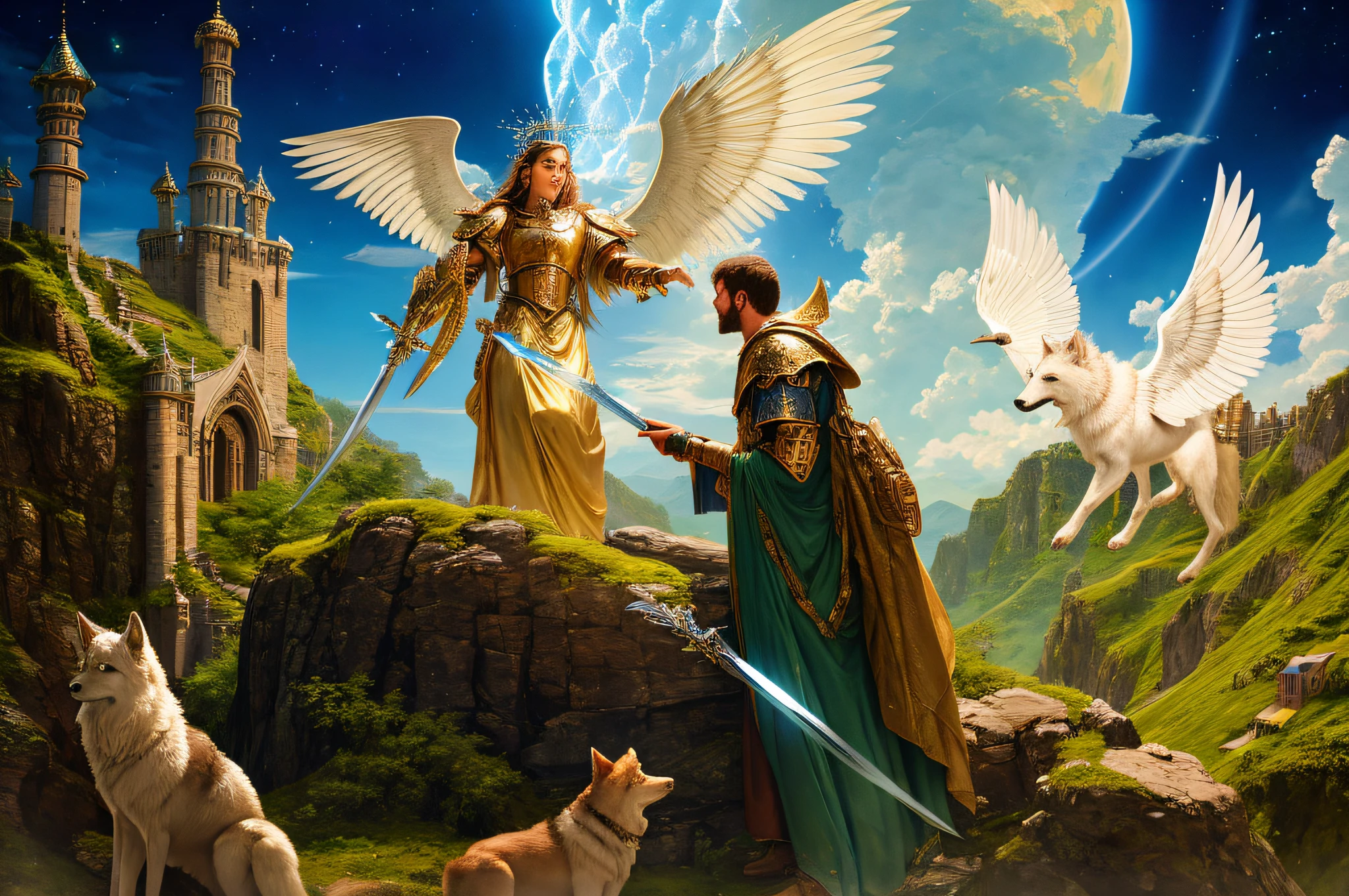 In the mystical medieval world, the heavenly messenger presents Rog with an extraordinary blade, celestial light captivated shield and for his loyal wolf companion with strong armor. The photorealistic, 8k, HD cinematography captures the moment of divine gifting, with the celestial glow illuminating the ancient castle's surroundings. The intricate details of the blade and shield are showcased with global illumination, adding to their allure. Viewers are enchanted by the magic of this visually stunning scene as Rog, bestowed upon them by the heavenly messenger, front body shown, full sharp body.