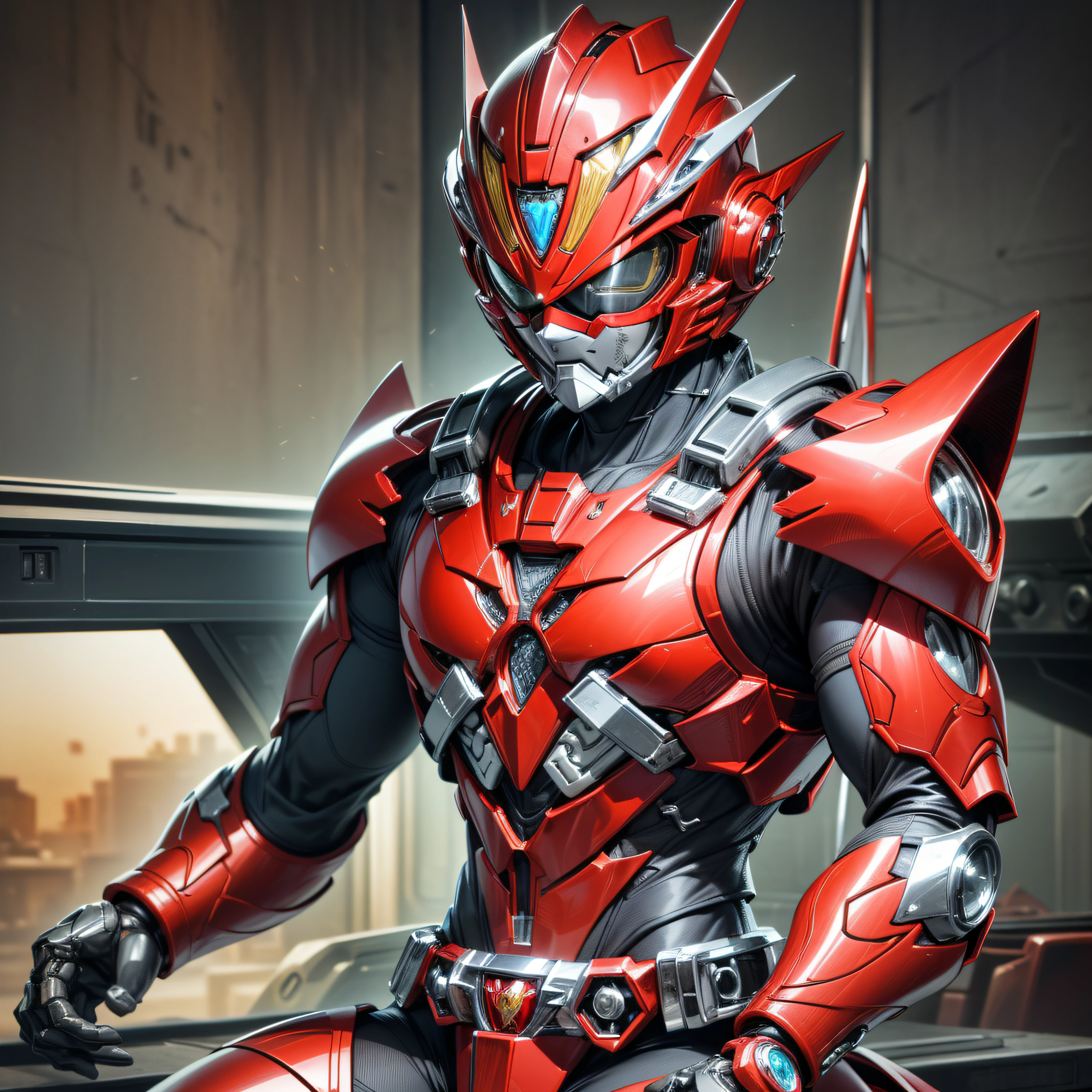 Handsome man, made of red metal, (Red Cyborg: 1.1), (((Red Power Ranger's style helmet with chrome face plate))), ([Tail | Detail Wire]: 1.3), (Complex Detail), HDR, (Complex Detail, Ultra Detail: 1.2), Cinematic Shot, Masterpiece, Best Quality, High Resolution, Vaginal Foreign Object Insertion, Centering
