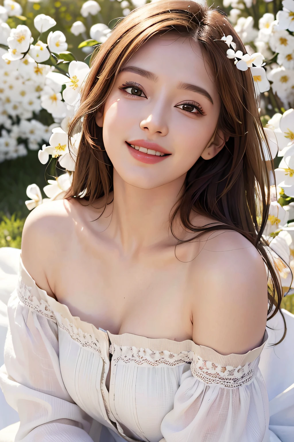 Best quality, masterpiece, ultra high res, (photorealistic:1.4), raw photo, 1girl, white dress, off shoulder, blossom flower field, glowing skin, light smile