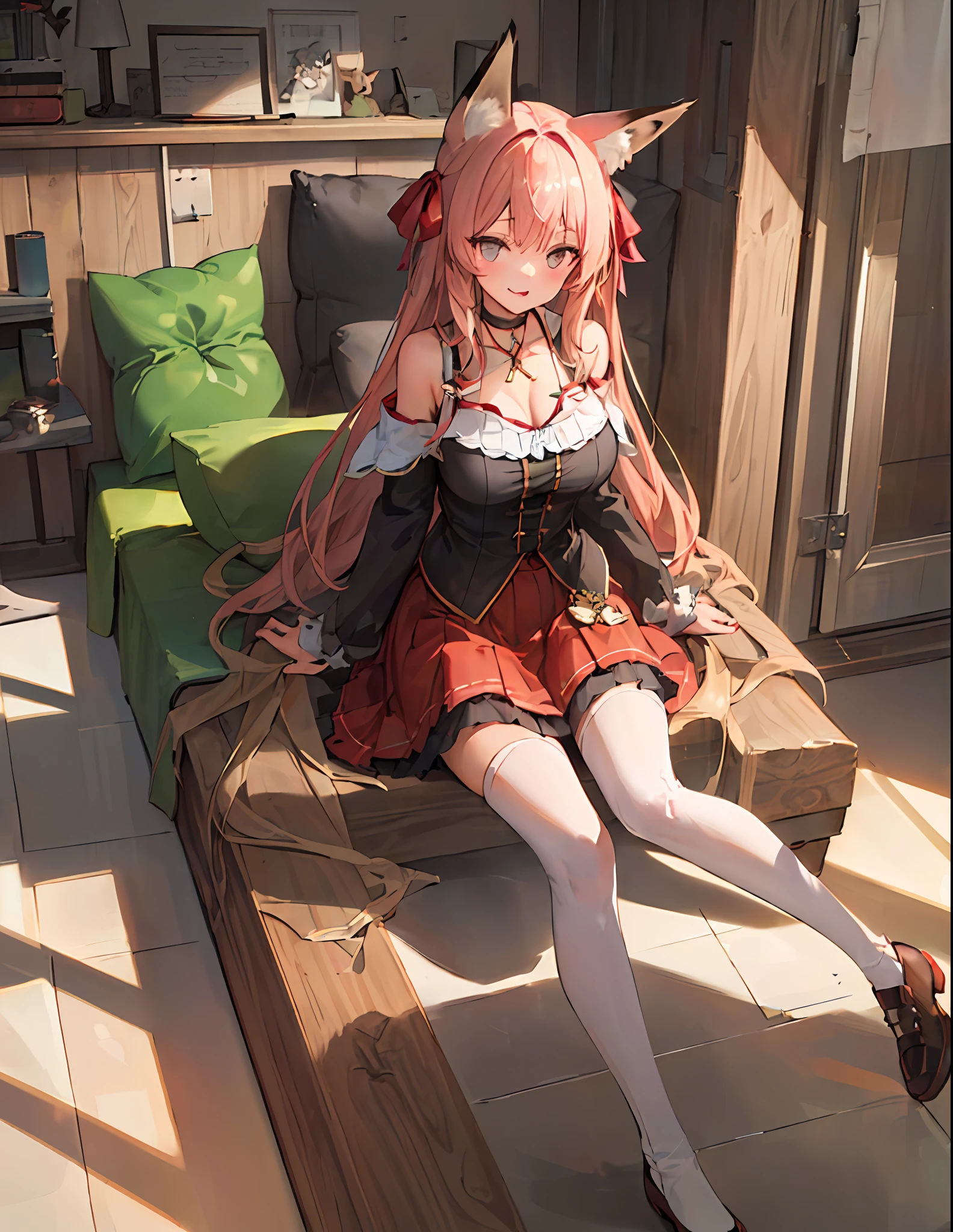 ((Masterpiece,Best quality)),1girll, Solo,Long hair, Fox girl, Fox ears, Huge breasts, Bare shoulders, Pleated skirt, Hair ribbon, choker necklace,Lick the cucumber