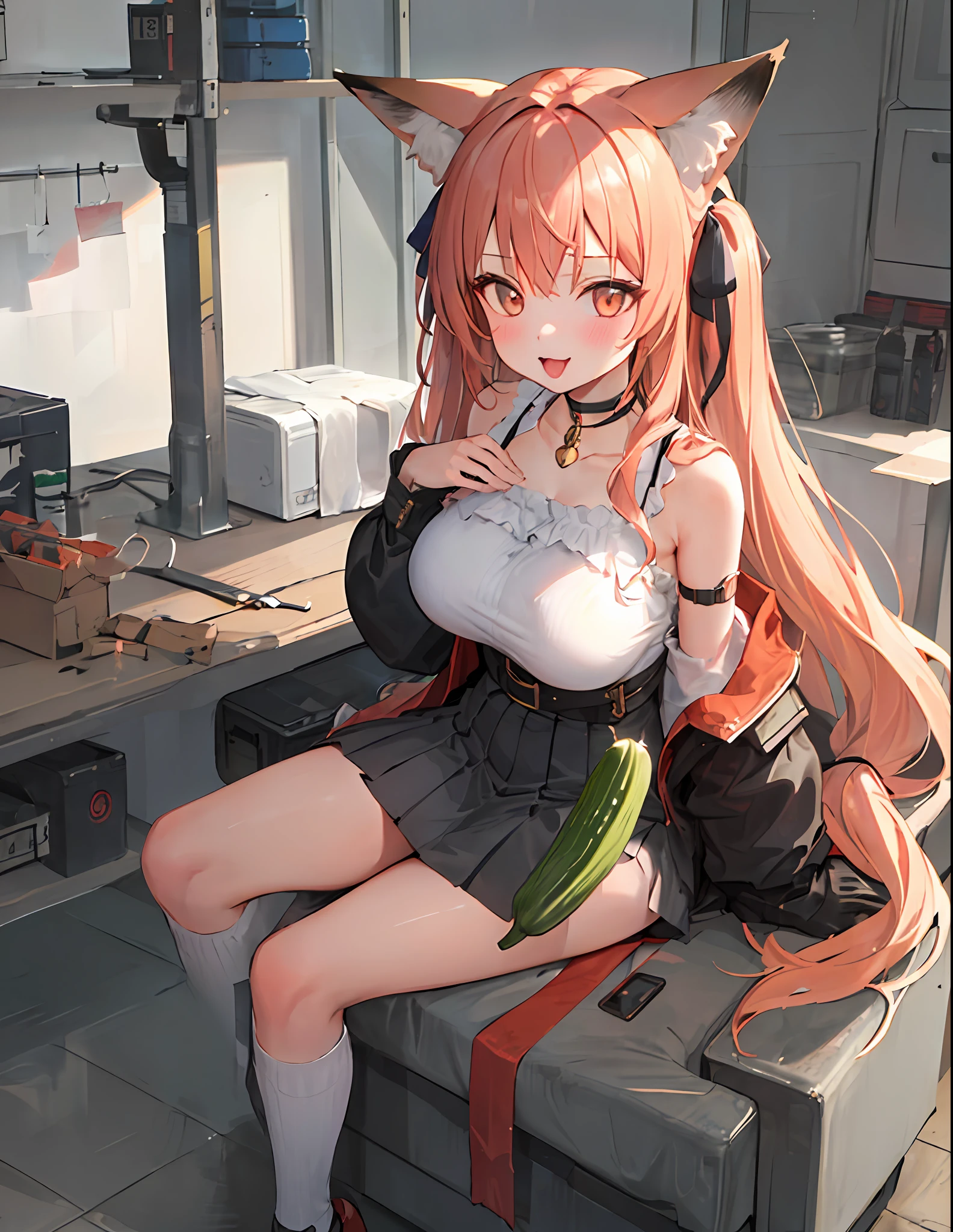 ((Masterpiece,Best quality)),1girll, Solo,Long hair, Fox girl, Fox ears, Huge breasts, Bare shoulders, Pleated skirt, Hair ribbon, choker necklace，Lick the cucumber
