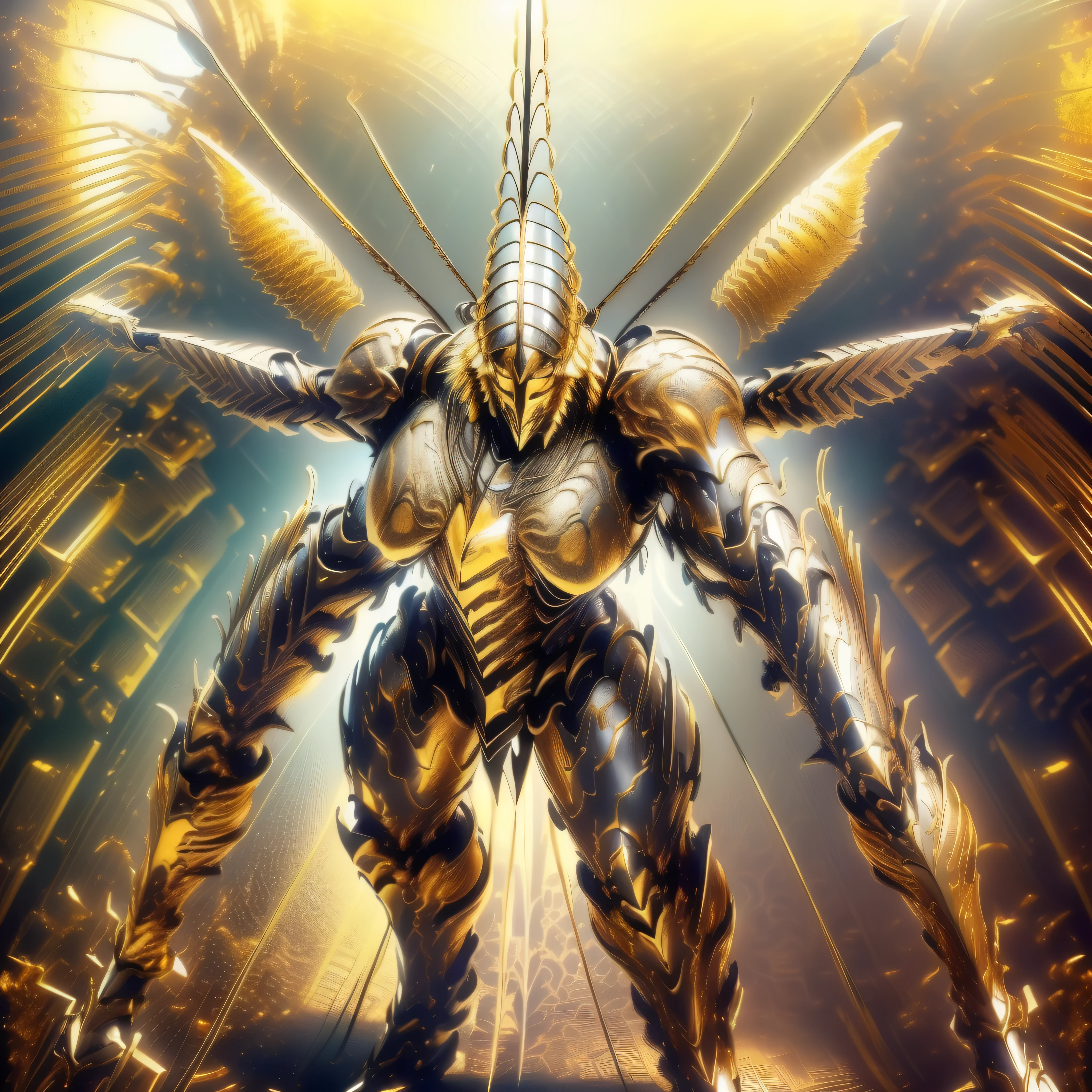 Gold (Masterpiece, Superb Quality, Super Delicate, High Resolution), Male Focus, (((Gold Mecha))), (((Gold Mechanized))), (Gold Body Details), (((he Has Long White Hair, (((gold human face))) (((two gold antennas on head))) (((Gold Athletic body))), (Standing Pose), Posing for Photos, Top-Down View, ((populated City)), Background Details, (((Full Body)), From Above, Solo